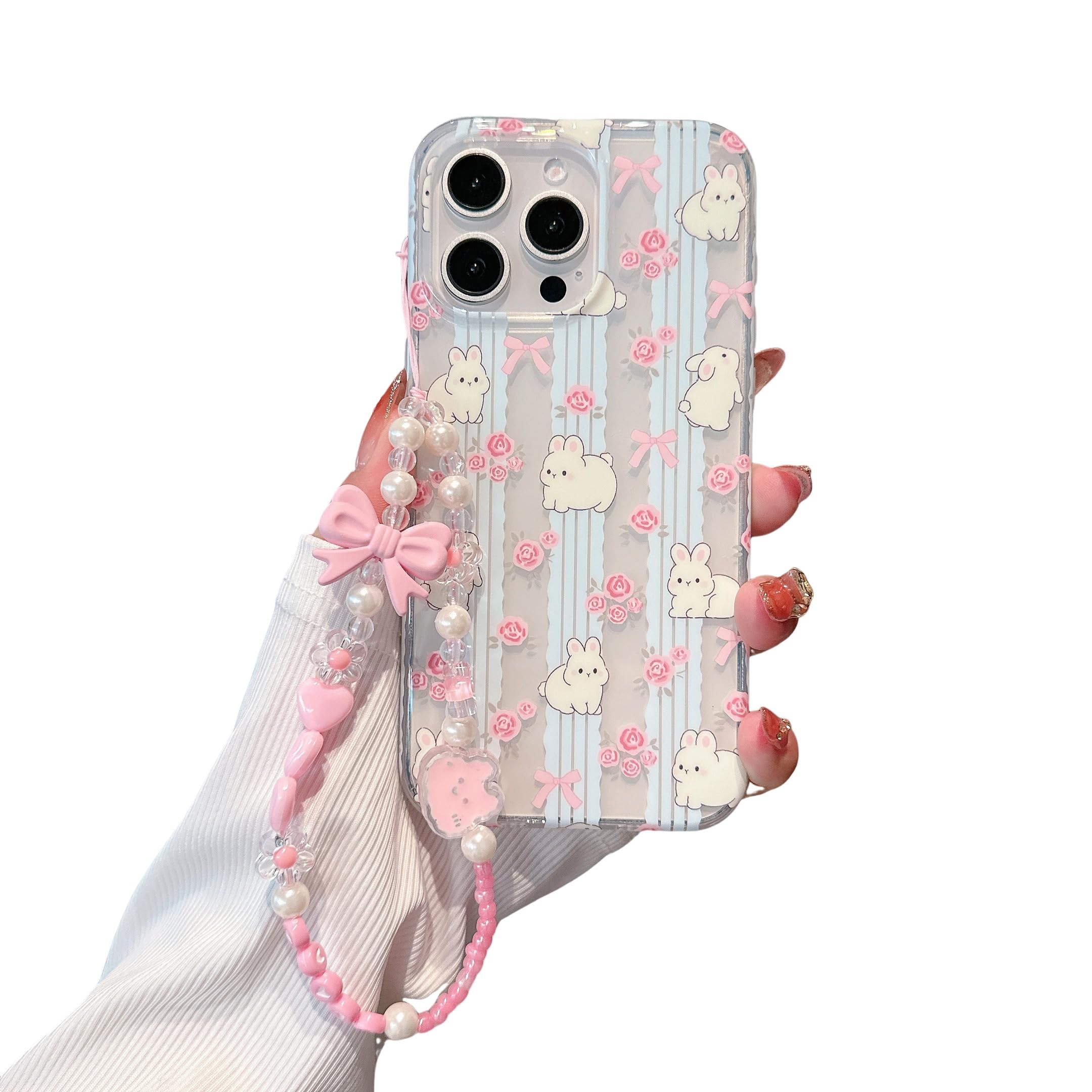 Compatible with iPhone 16 Pro max Case Cute Kawaii Cartoon Bunny Design Pattern Cute Pink Bow and Pink Roses with Exquisite Bracelet FIM Technology