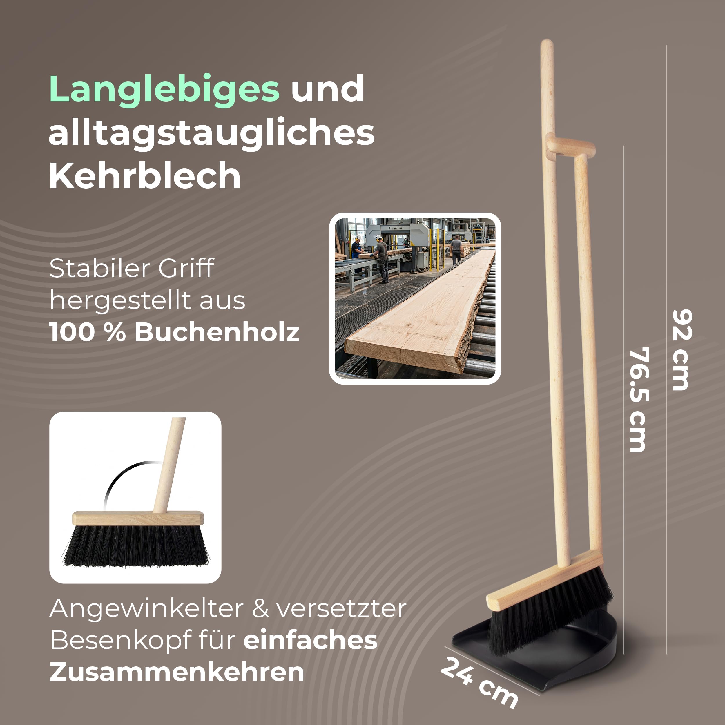 Novaliv Kehrschaufel Set mit langem Stiel – Stehkehrgarnitur Holz, Besenkopf Buche & ABS-Schaufel, aufrecht kehren ohne Bücken, 92 cm