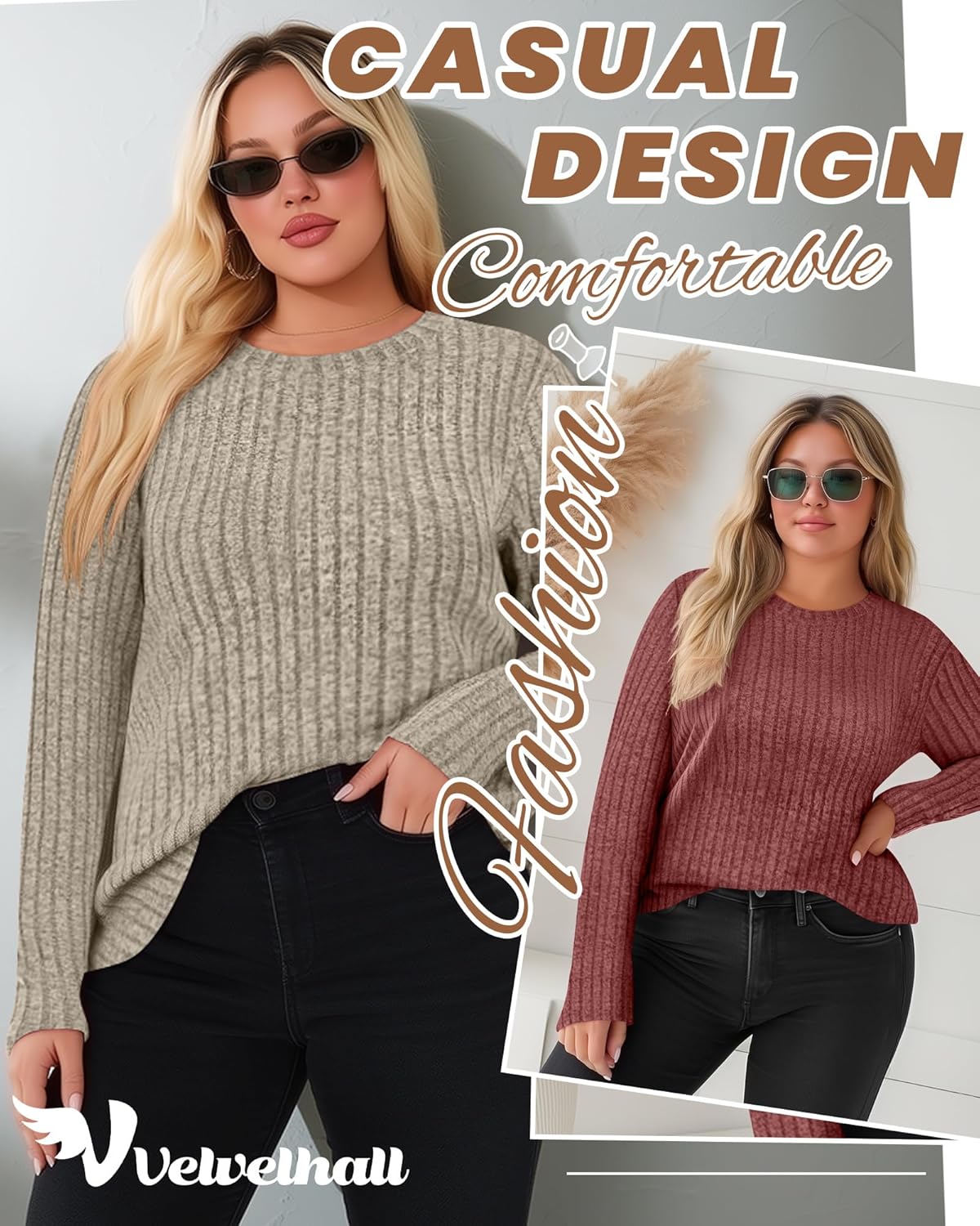 3 Pack Women's Plus Size Tunic Sweaters Ribbed Long Sleeve Slim Fit Shirts Crewneck Pullover Casual Tops - Image 5