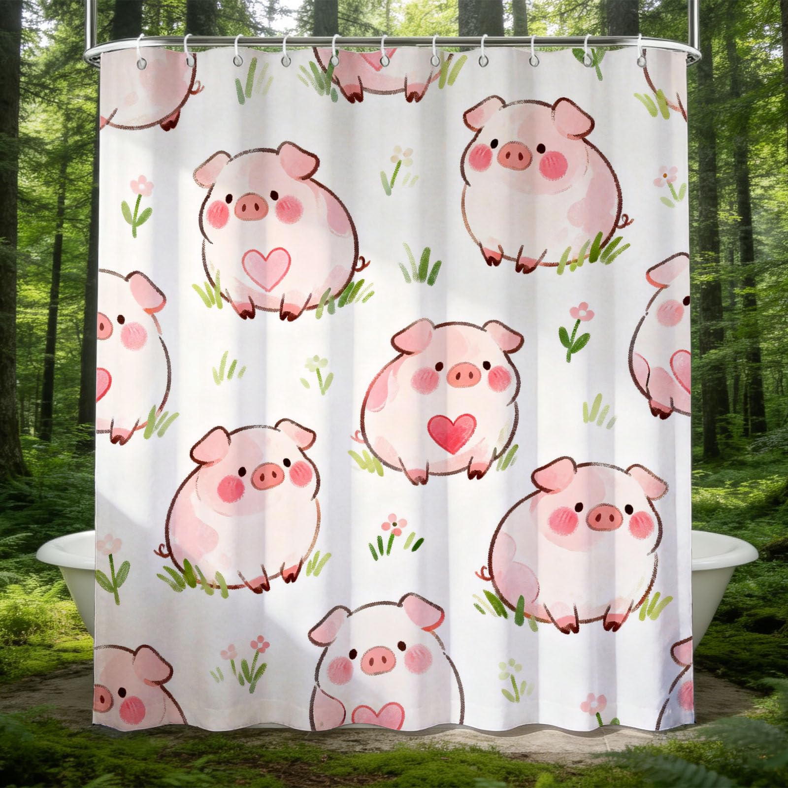 Hongduo 3D Cartoon Pig Shower Curtain for Stalls Bathtubs Love Heart Bathroom Decor Shower Curtain Set Polyester Fabric Waterproof 180x180cm/71X71 Inch with Hooks