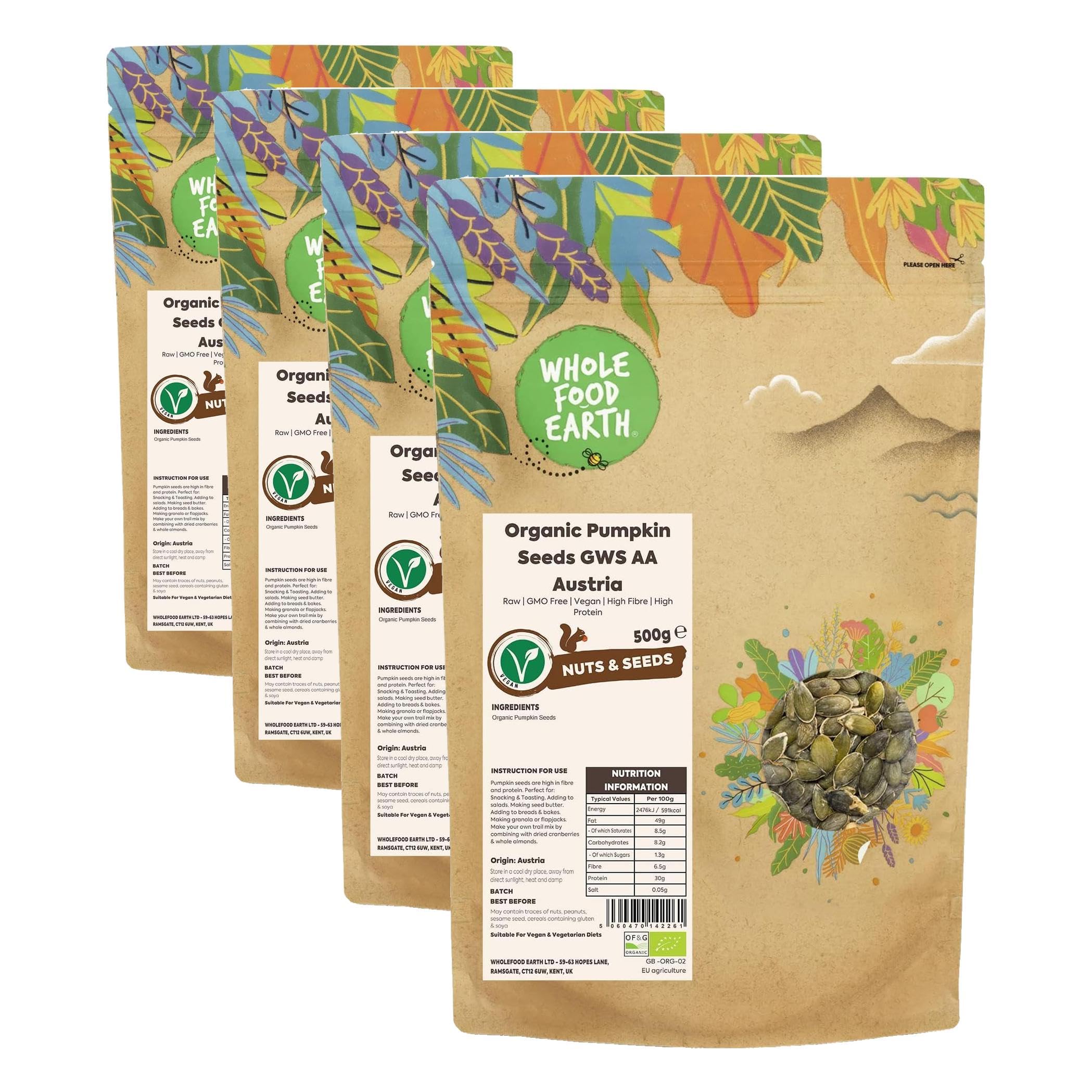 Wholefood Earth Organic Pumpkin Seeds GWS AA Austria 500g Raw | GMO Free | Vegan | High Fibre | High Protein | Certified Organic (Packung mit 4)