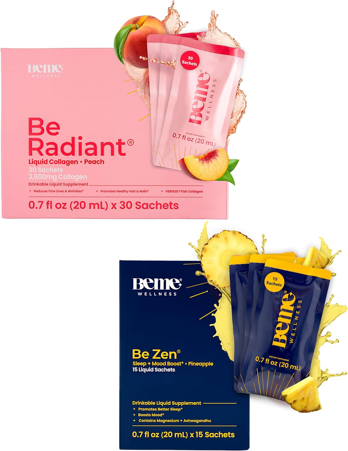 BeMe BeRadiant Peach & BeZen Bundle - Liquid Collagen & Magnesium Glycinate L-Theanine Supplements