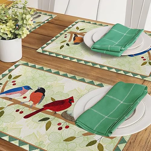 Miniatura 6 de Seliem Juego de 4 manteles individuales con ramas de árbol de Spring Birds - Cardenal Bluebird Bullfinch para mesa de comedor, decoración de cocina