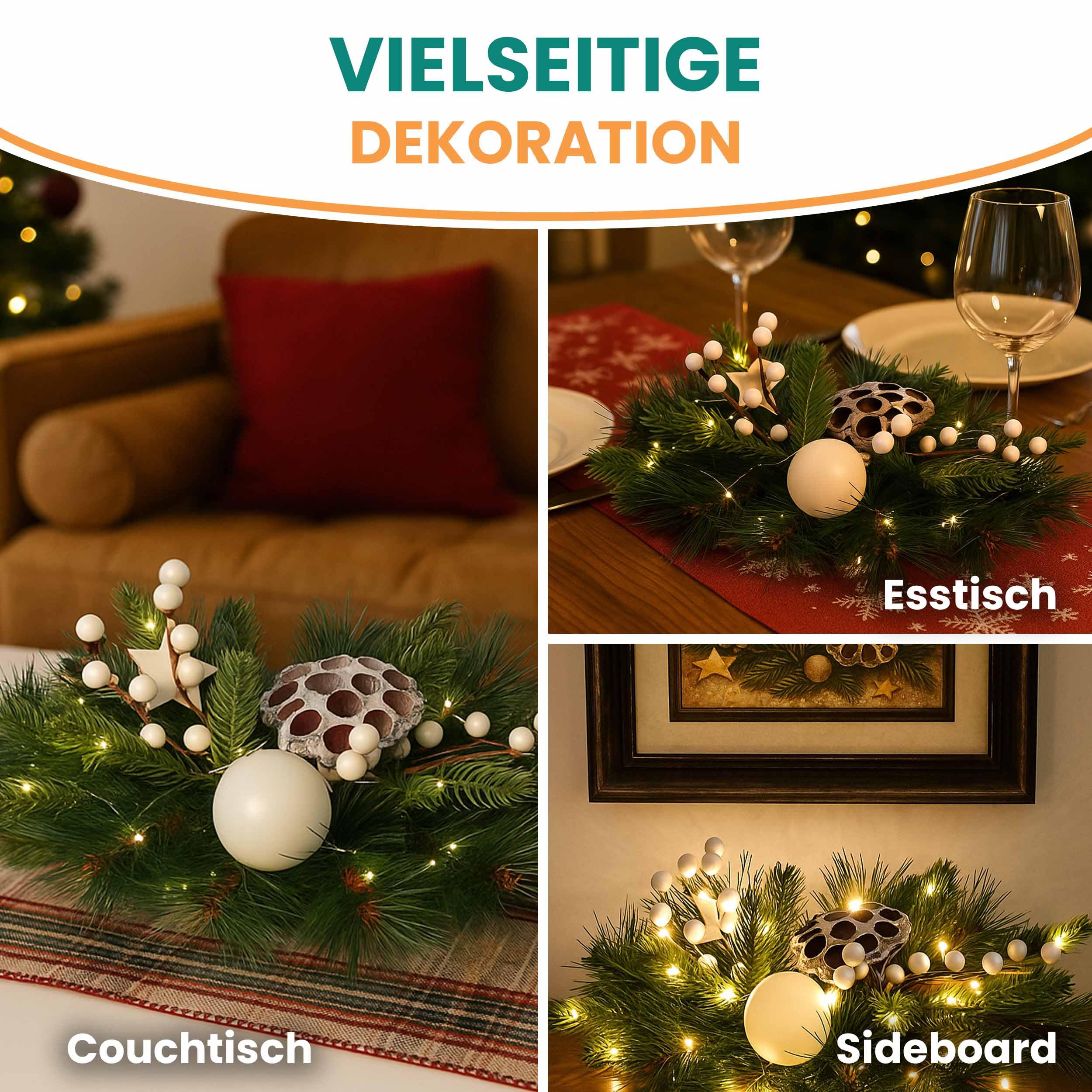 Gartenpirat Adventsgesteck 26x42cm mit 20 LED warmweiß und weißen Dekorationen Weihnachtsdeko für Tisch Fenster Festliche Weihnachtsdekoration für Advent & Winter