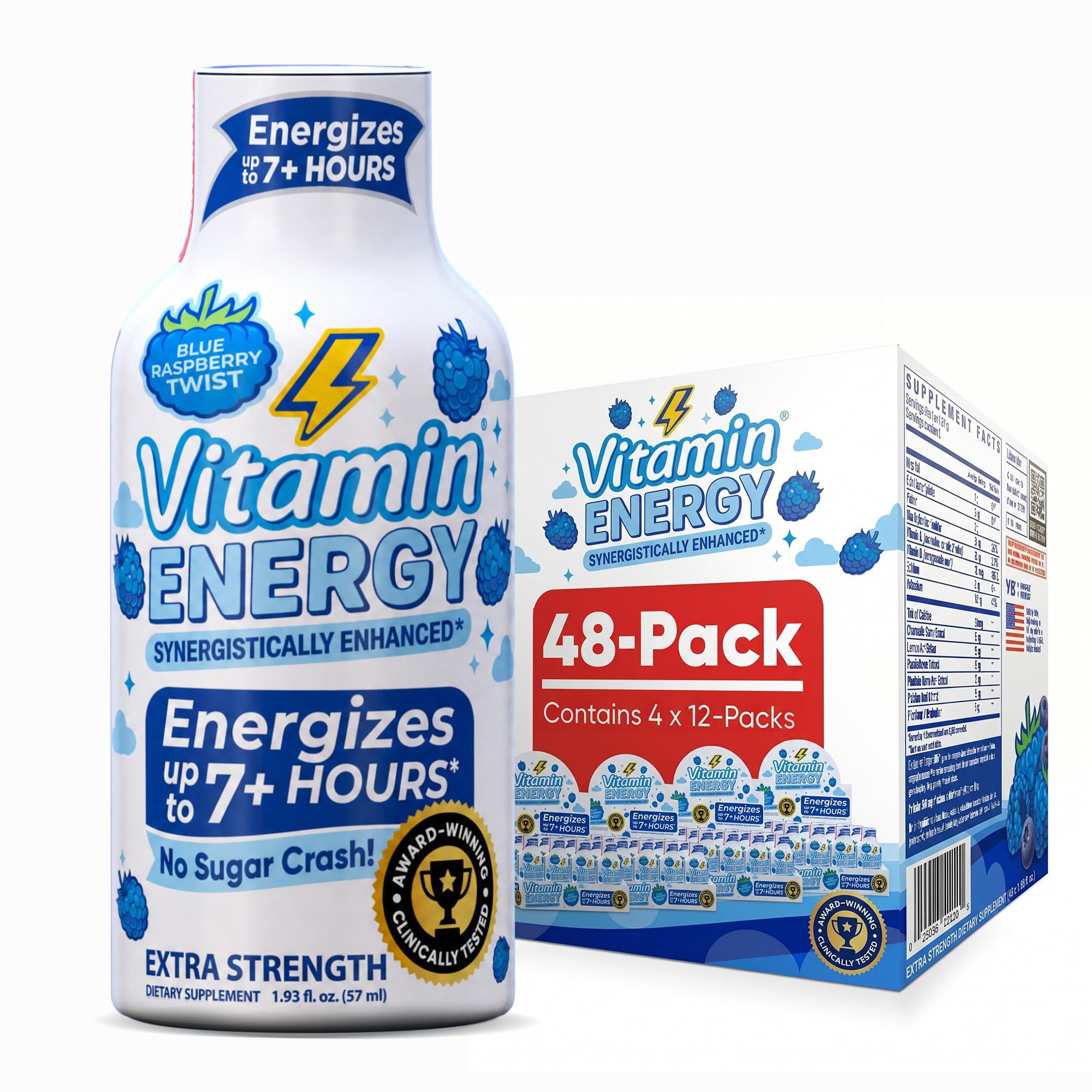 Vitamin Energy Shot de Energia Blue Raspberry Twist com 260 mg de cafeína, eletrólitos e BCAAs, 48 unidades