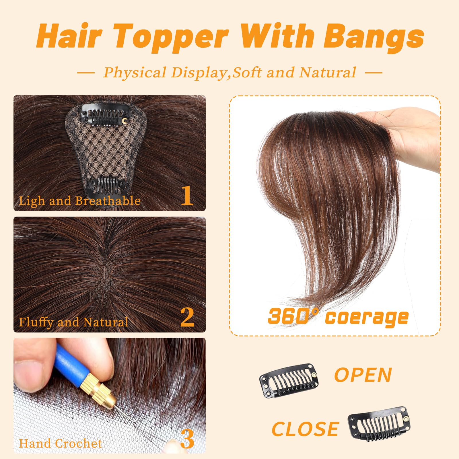 Clip In Fringe Bangs 360° 3D Cover Clip in Bangs 100% Real Human Hair Toppers with Bangs,Light Brown Hair pieces Clip on Bangs for Women Fake Bangs for Daily Wear - Image 2