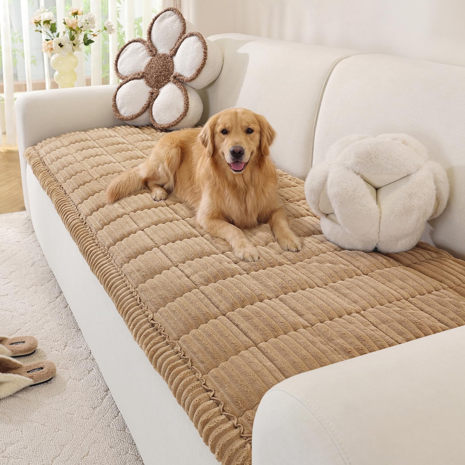 Photo 1 of OstepDecor Couch Cover for Dogs, Washable Non Slip Sofa Cover for Pets, Soft Couch Covers for Sofa, Loveseat and Sectional, Furniture Protector Against Pet Hair & Scratches (27.6" x 47.2", Khaki)