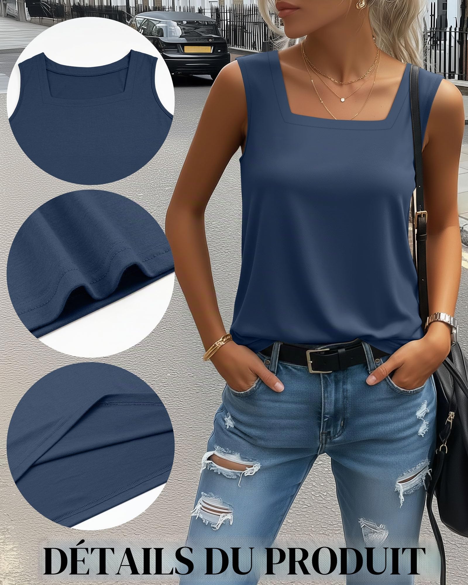 Lot de 3 Débardeurs pour Femme Hauts sans Manches Décontractés pour l'Été Coupe Ample et Col Carré
