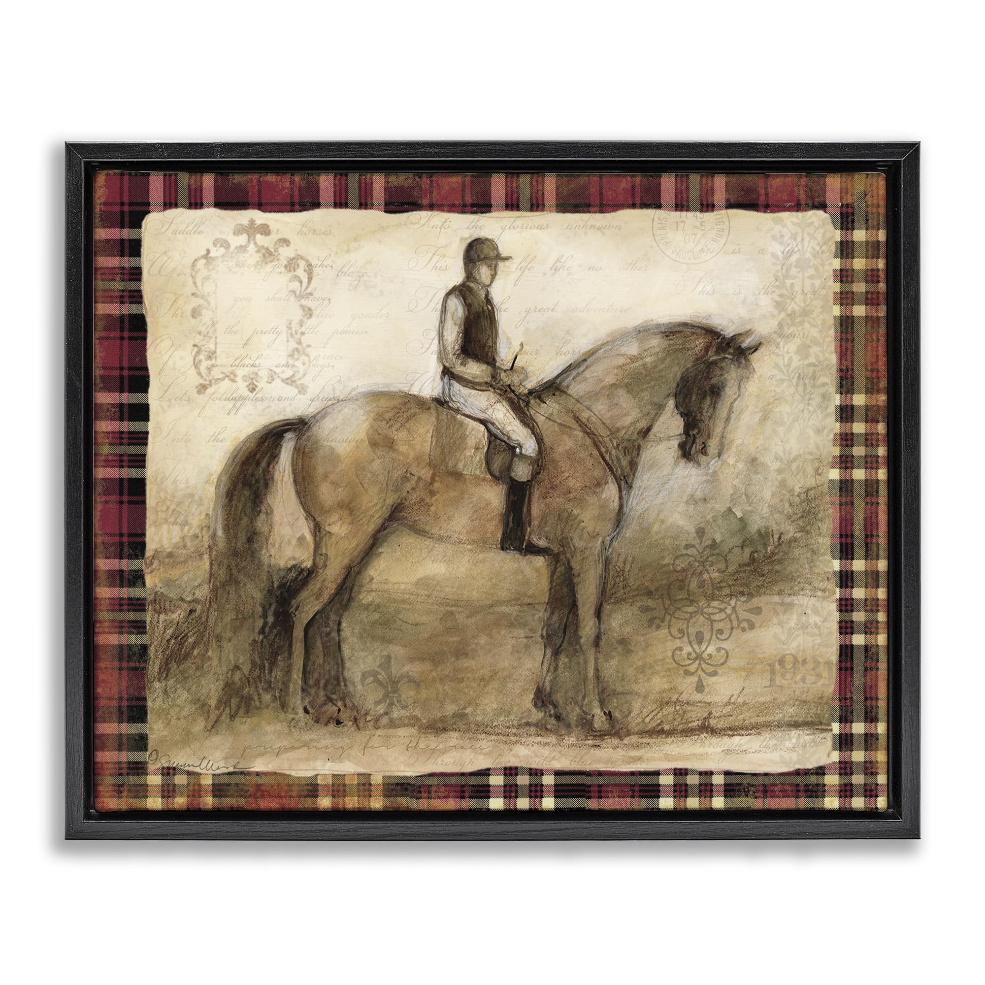 Stupell Industries 'Horse With Jockey & Plaid', Floating Frame Canvas Art, Black, 31 x 25 Inches, Easy to Hang and Sturdy, Made in USA, by Susan Winget