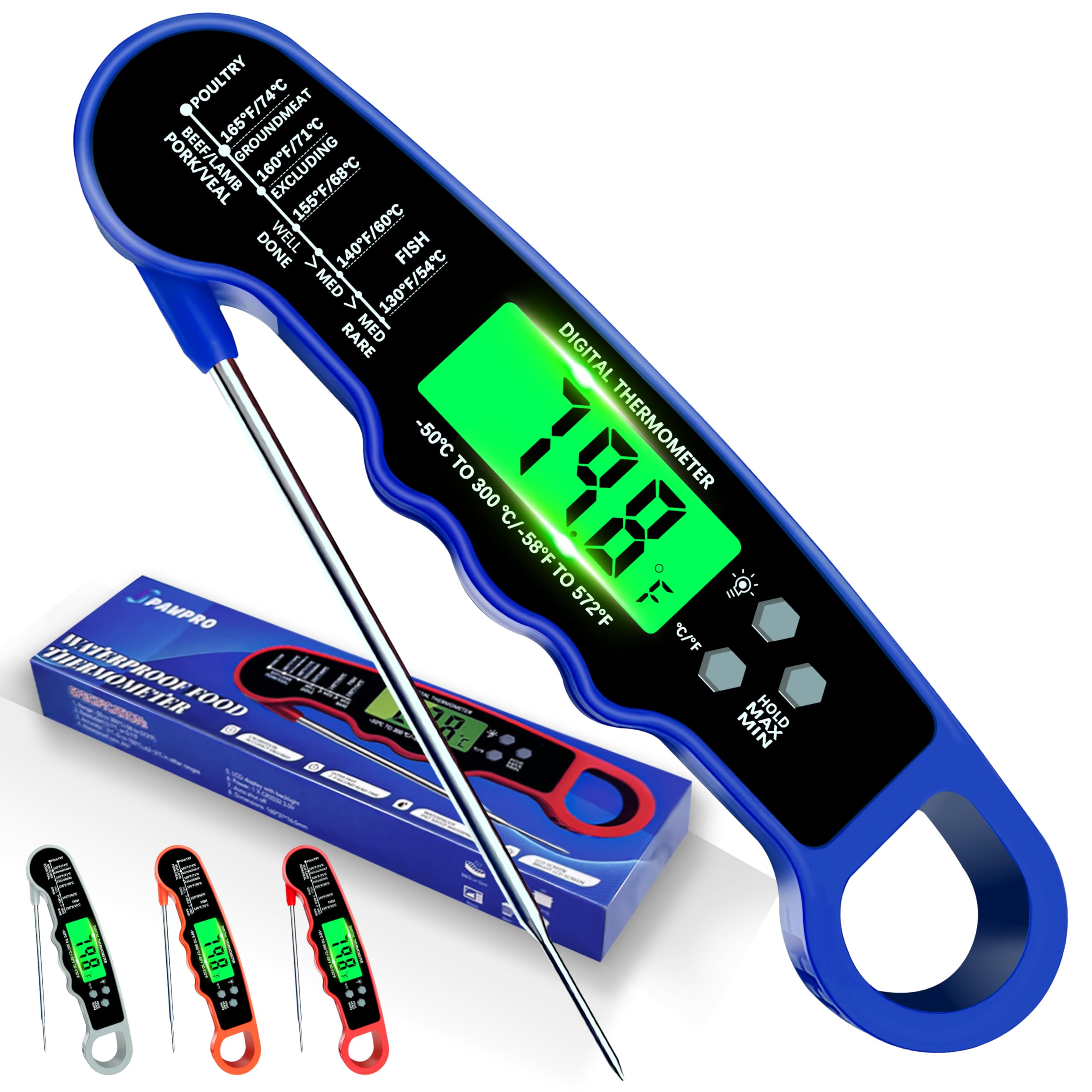 Meat Thermometer Digital, IP67 Waterproof Food Thermometer for Cooking and Baking, Instant Read Meat Thermometer with Backlight, Hold Function & Magnet for Kitchen, Beef, Grill, BBQ, Candy, Turkey