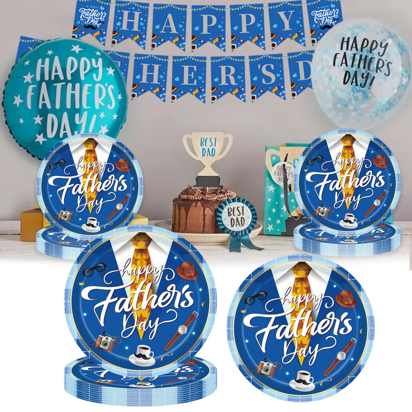 Ncozwo 20 Pcs Happy Father's Day Party Disposable Paper Plates 9 Inch Round Suit Tie Watch Hat Happy Father's Day Dinner Plates Dad Theme Supplies for