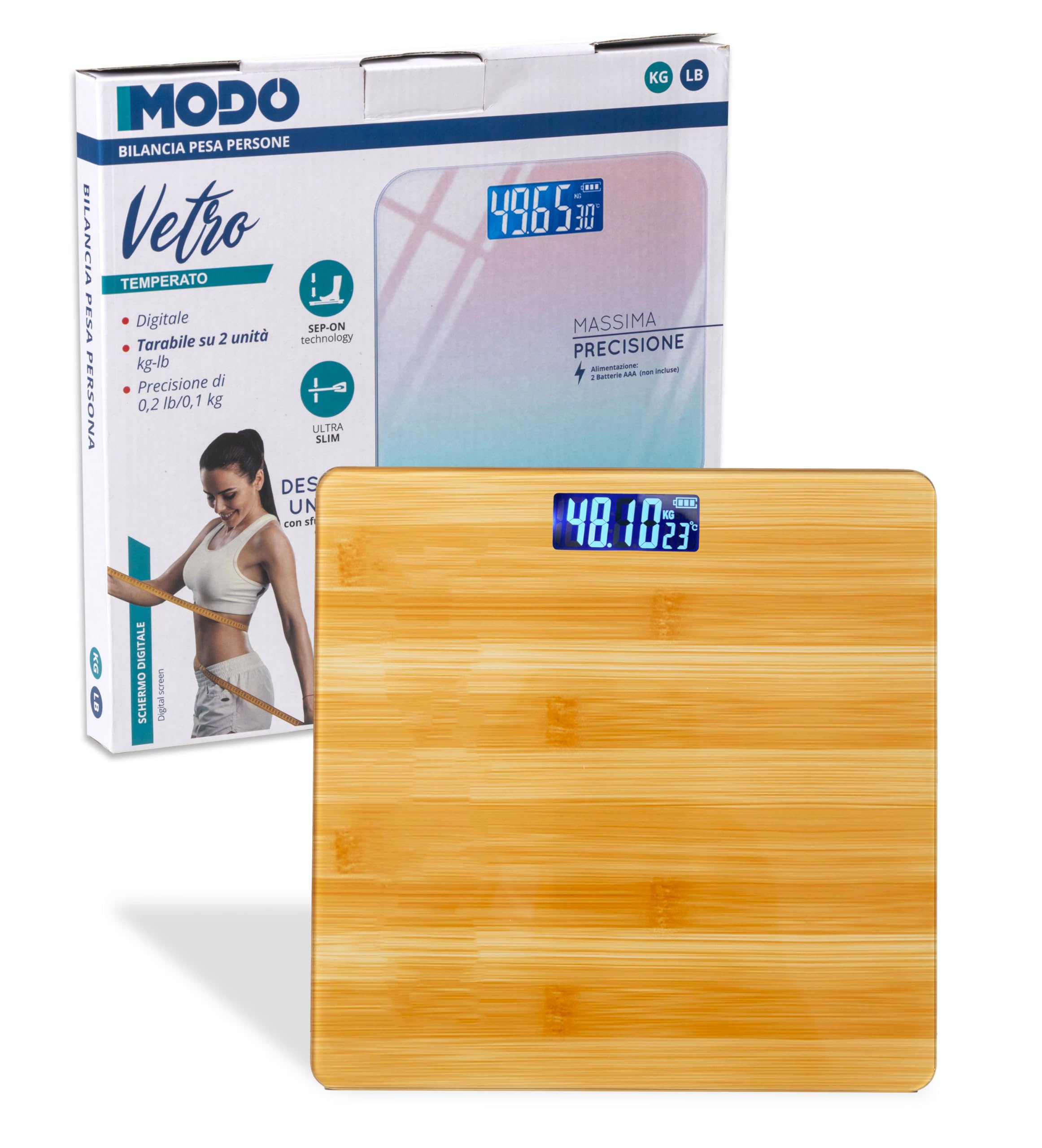 IPEA Bilancia Pesapersone Digitale Ultra Sottile color Legno - Tecnologia STEP ON - Massima Precisione Peso - Design Elegante in Vetro Temperato - Display Misurazione precisa 0,1 KG - Max 180Kg