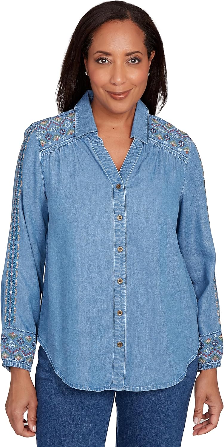 Needlepoint Embroidered Button Front Top