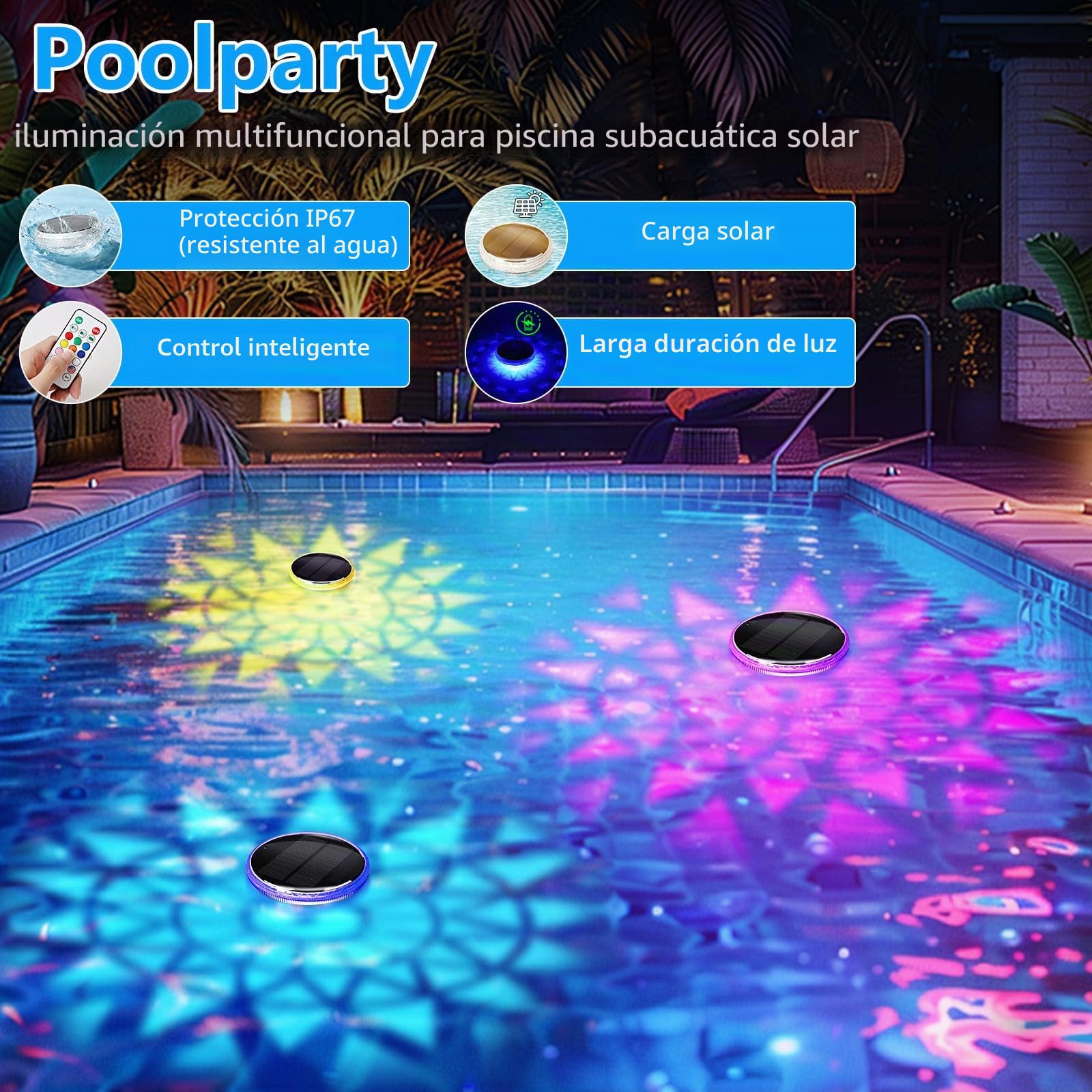 2 luces Luces Solares Subacuáticas para Ppiscina con Control Remoto, Paquete de Flotantes para Piscina 12 Modos de Color, Temporizador, Luces Flotantes para Piscina, Bañera, Acuario, Jardín