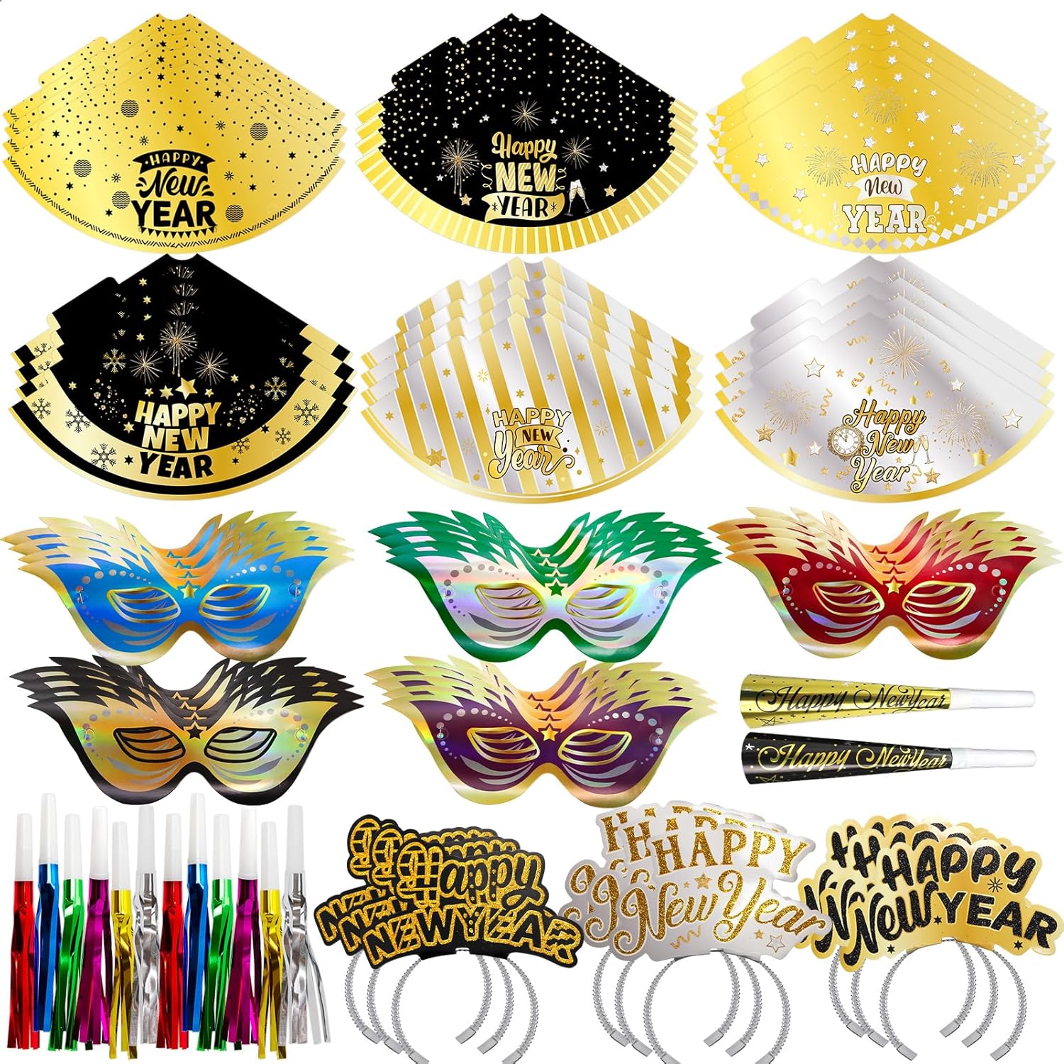Fancy Land New Years Eve Party Supplies for 25 Guests 2026 75 Pcs NYE Party Supplies Gold Silver NYE Hats Glitter Tiaras Decorations Noise Makers Paper Masks Favors Kits - Image 9