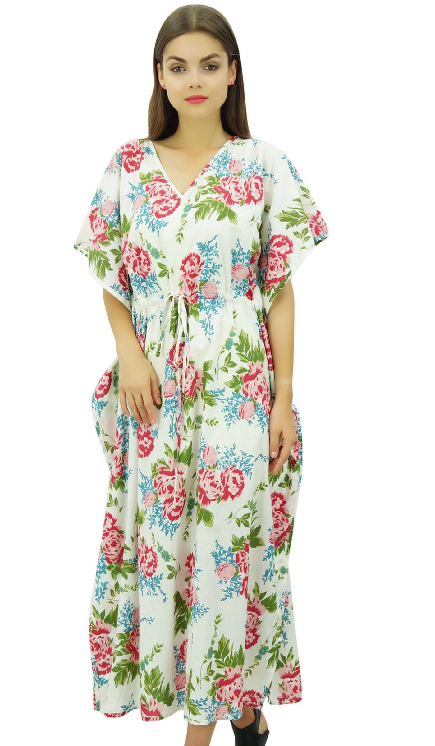 Bimba Women's White Cotton Floral Kaftan Cover Up Long Maxi Caftan With Drawstring Waist