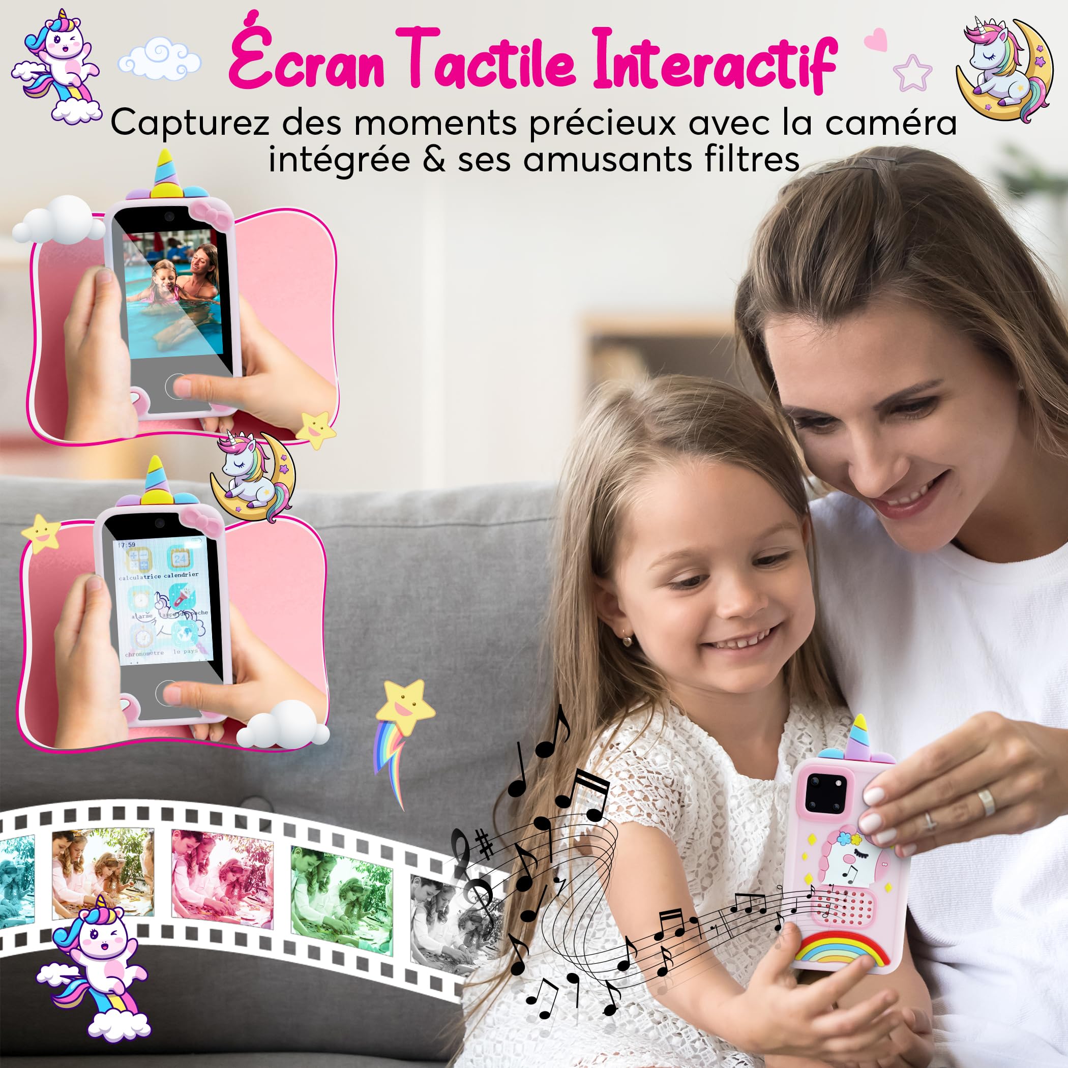 Telefono portatile per bambini – Smartphone giocattolo per bambini – fotocamera per bambini – regalo 3 – 9 anni – 20 giochi educativo-libro audio-musica MP3 in francese-bambino con programma