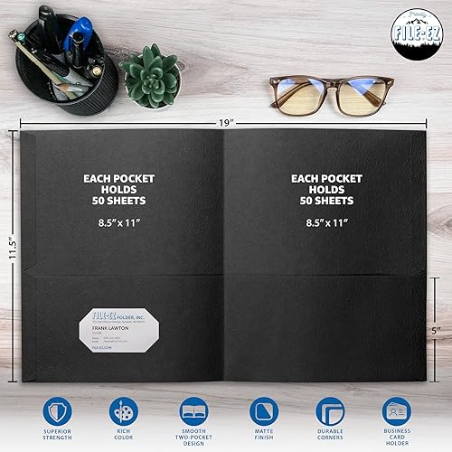 Miniatura 2 de FILE-EZ Carpetas de dos bolsillos, color negro, paquete de 125, papel texturizado, tamaño carta (EZ-32405)