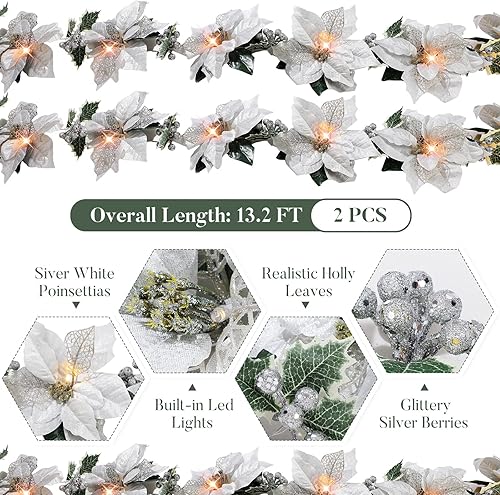 Miniatura 8 de Guirnalda de Navidad preiluminada con luces con purpurina y hojas de acebo y bayas, temporizador remoto, 8 modos, guirnalda de flores iluminada de