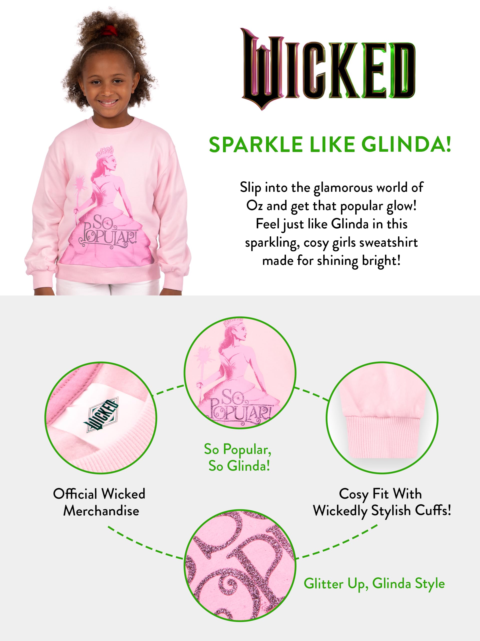 WICKED Bluza | Glinda Bluza Dla Dziewczynek | Bluza Z Brokatem Dla Dziewczynek | Rosa 140