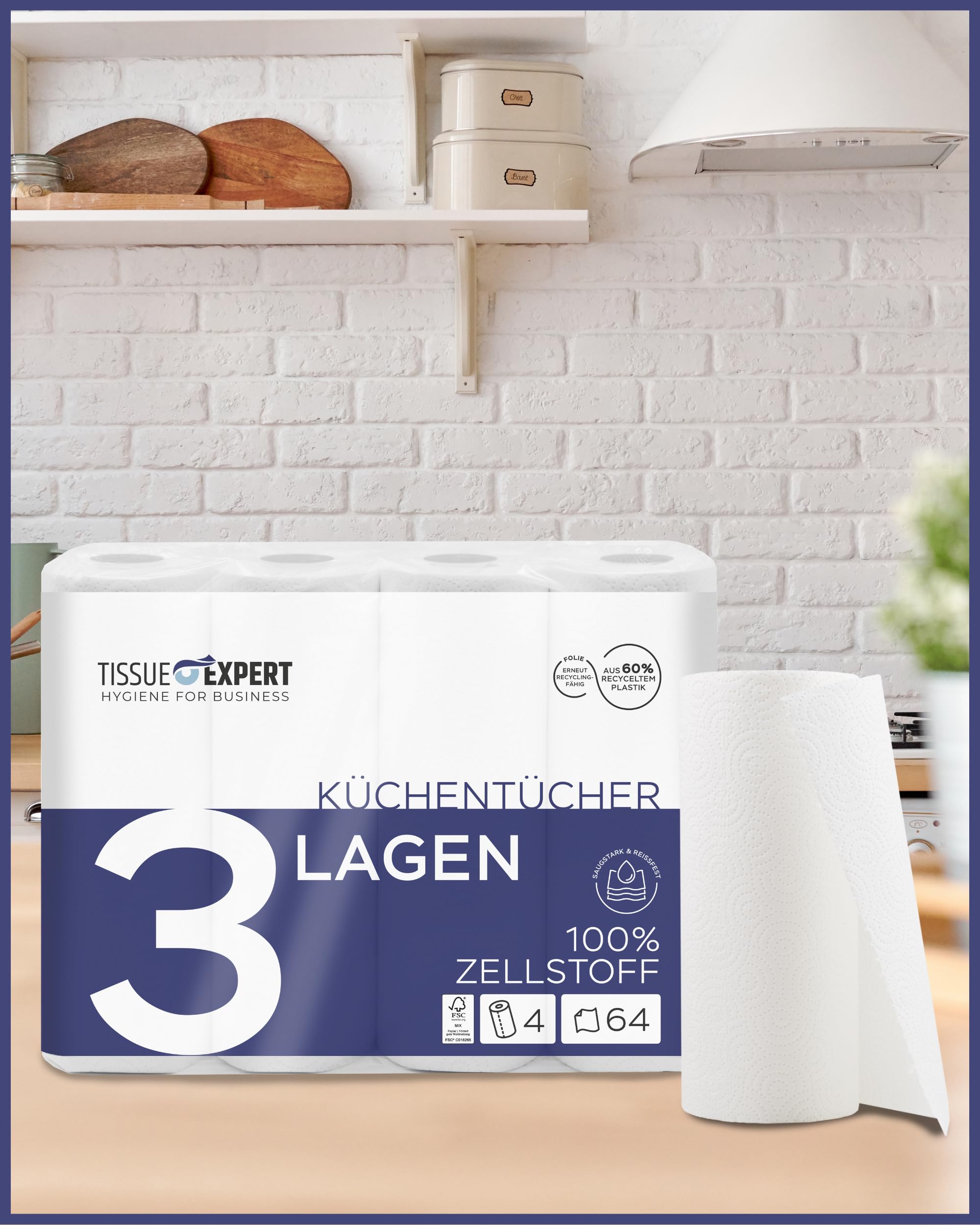 Küchentücher, 32 Rollen á 64 Blatt, 3-lagige Küchenrollen, 100% Zellstoff, saugstarke Haushaltsrollen, Allzwecktücher, Papiertücher, Papierhandtücher, Küchenpapier