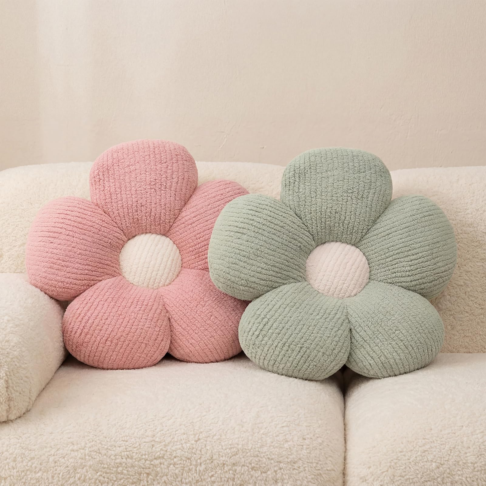 HonorHut 2 Packs Flower Shaped Throw Pillow Sitting Pads for Floor Couch Chair Sofa Pink and Green