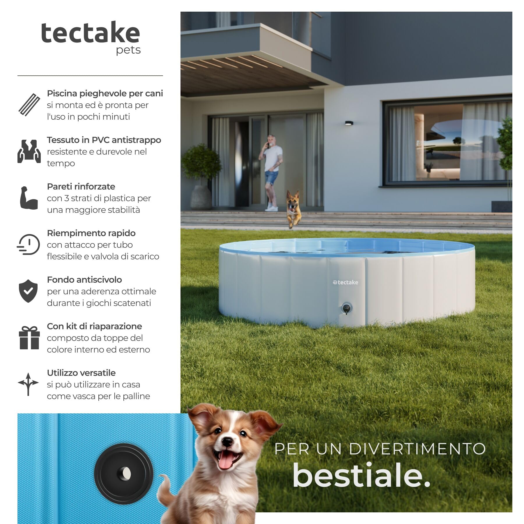 tectake® Piscina per Cani Pieghevole, Fondo Antiscivolo, Pareti Rinforzate, PVC Resistente agli Strappi, con Valvola di Scarico, Piscina Rotonda, Facile da Montare - 120 cm