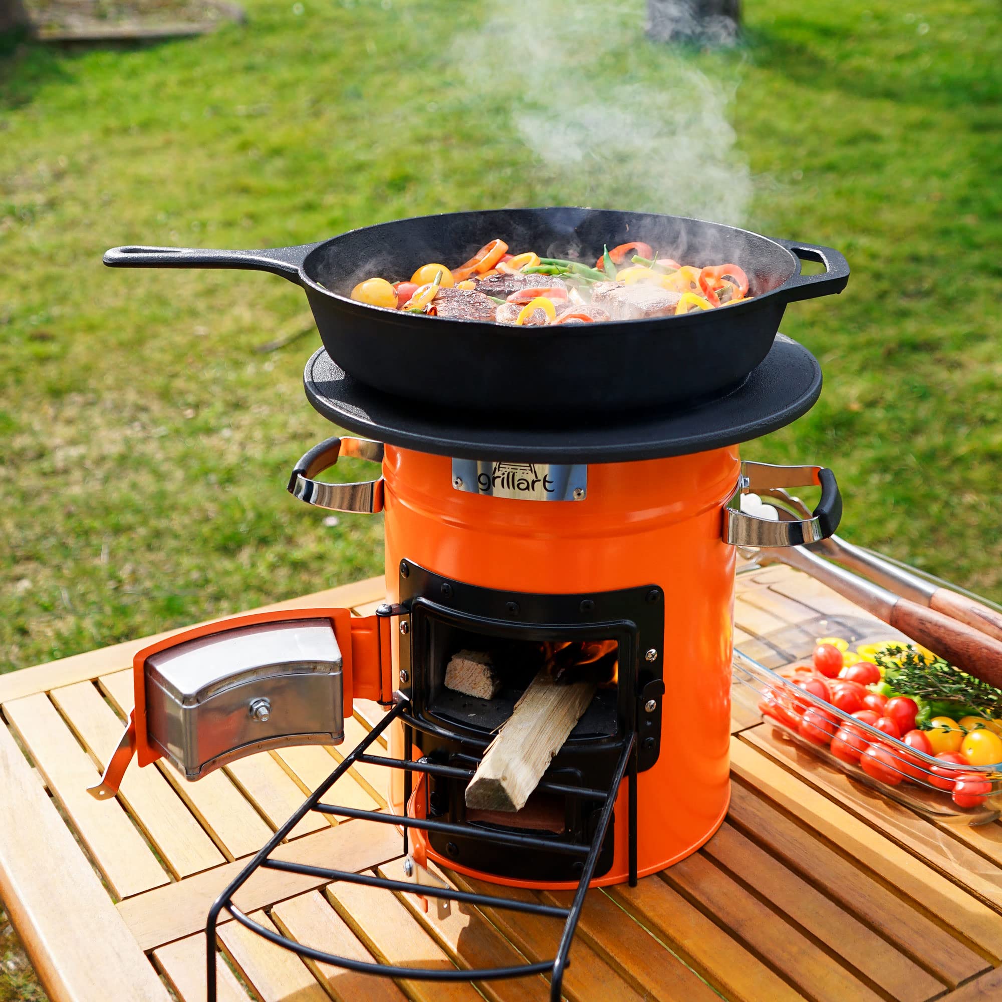 grillart® Outdoor-Raketepfanne "PowerTrain" avec sac de transport - Orange - Four à bois efficace comme réchaud de camping pour dutch oven et poêles à griller