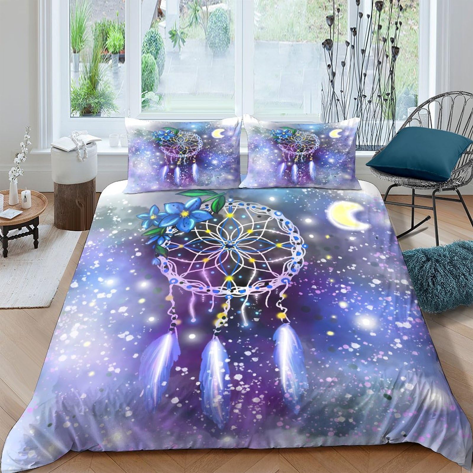 Ctjqhvkz Style-8 3D Printed Dreamcatcher Night Sky Fitted Sheet Microfiber Soft Bed Cover Purple Blue For Bedroom Home Decor Single（135X200cm）