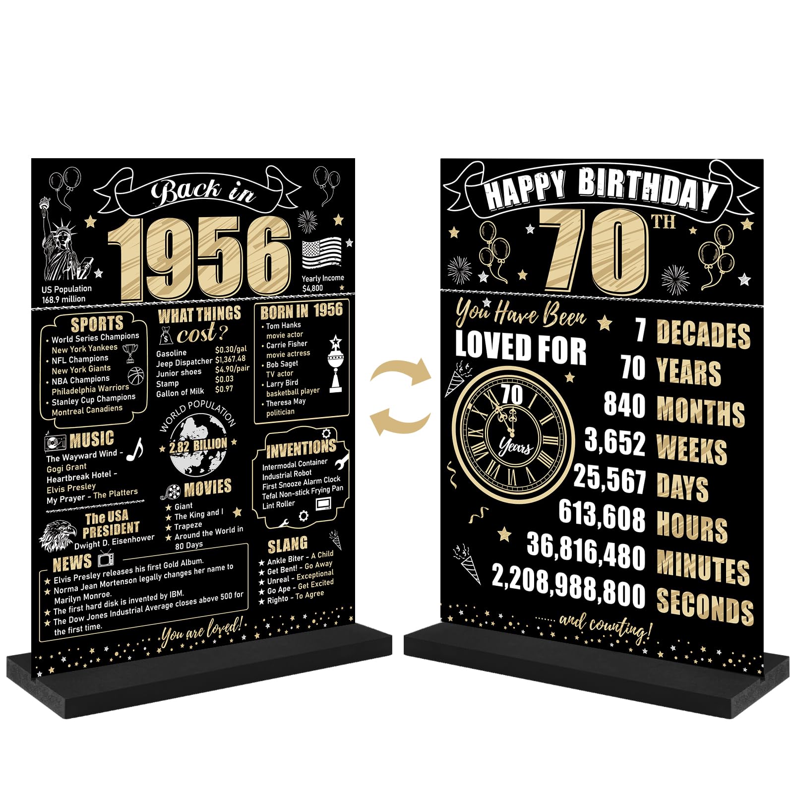 70th Birthday Decorations Back in 1956 Table Sign for Men Women, Black Gold Happy 70 Bday Two-Sided Wooden Table Poster with Stand Party Supplies,