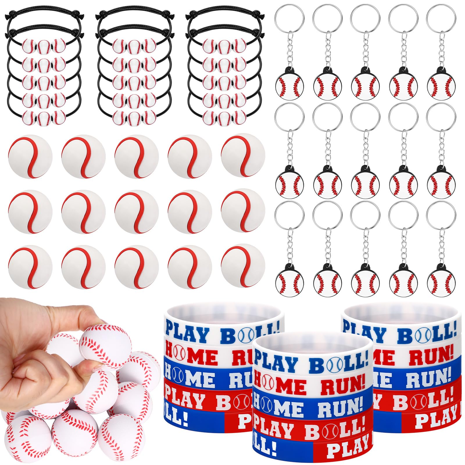 Aoriher 75 Pcs Baseball Party Favors Bulk for Kids, 15 Sets Sport Goodie Bags Favors Baseball Stress Ball Silicone Charm Bracelet Keychain Eraser for Valentines Day Gifts Birthday Party Supplies