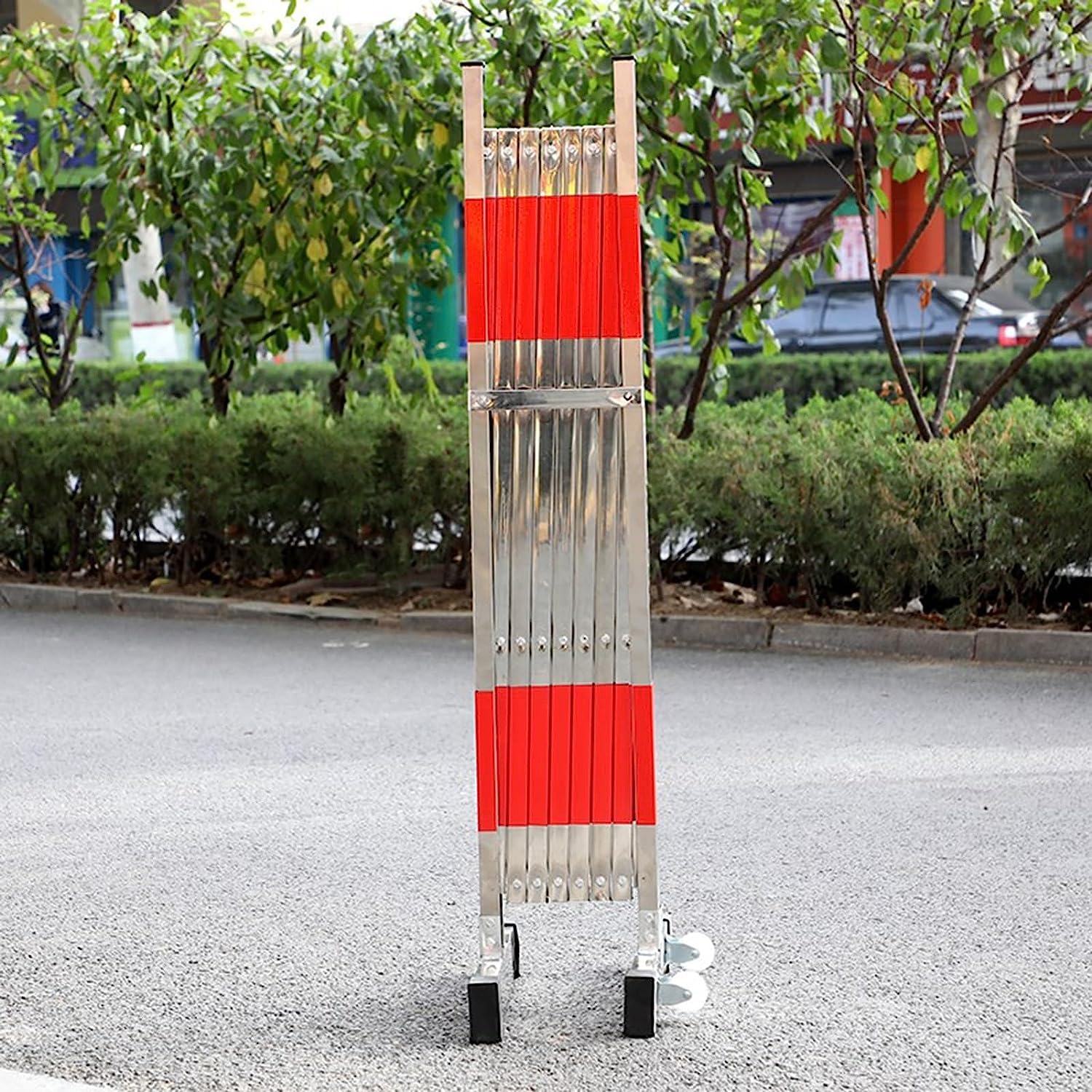 Barrera de metal extensible retráctil plegable con ruedas, valla de tráfico temporal portátil para seguridad y control de acceso