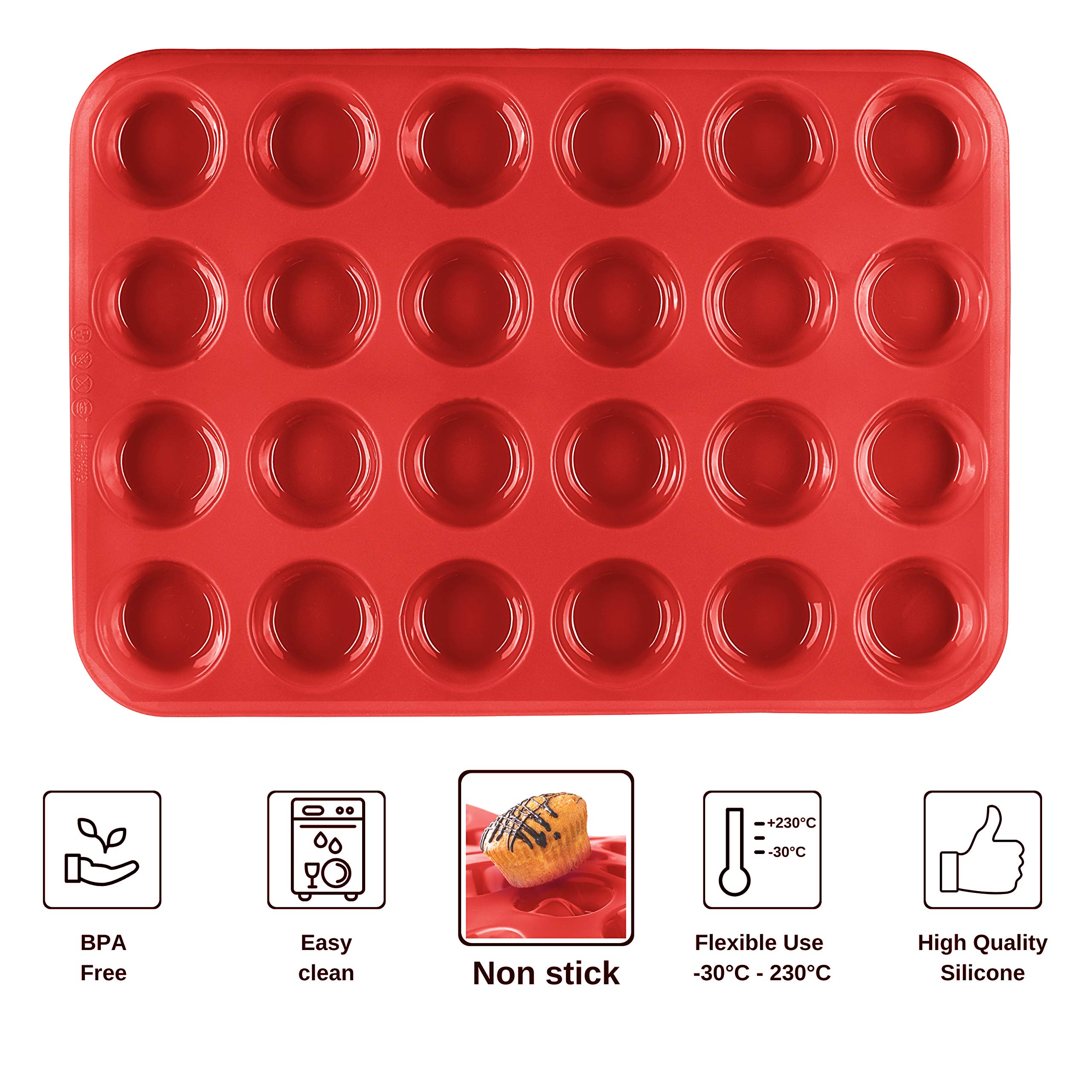 Molde para Mini Magdalenas, Silicona, 34 x 24 x 2 cm, 24 Panecillos, Recubrimiento Antiadherente, Cupcake Brownie Budín Latta de Mollete Muffin Bandeja para Hornear Panecillos Rojo