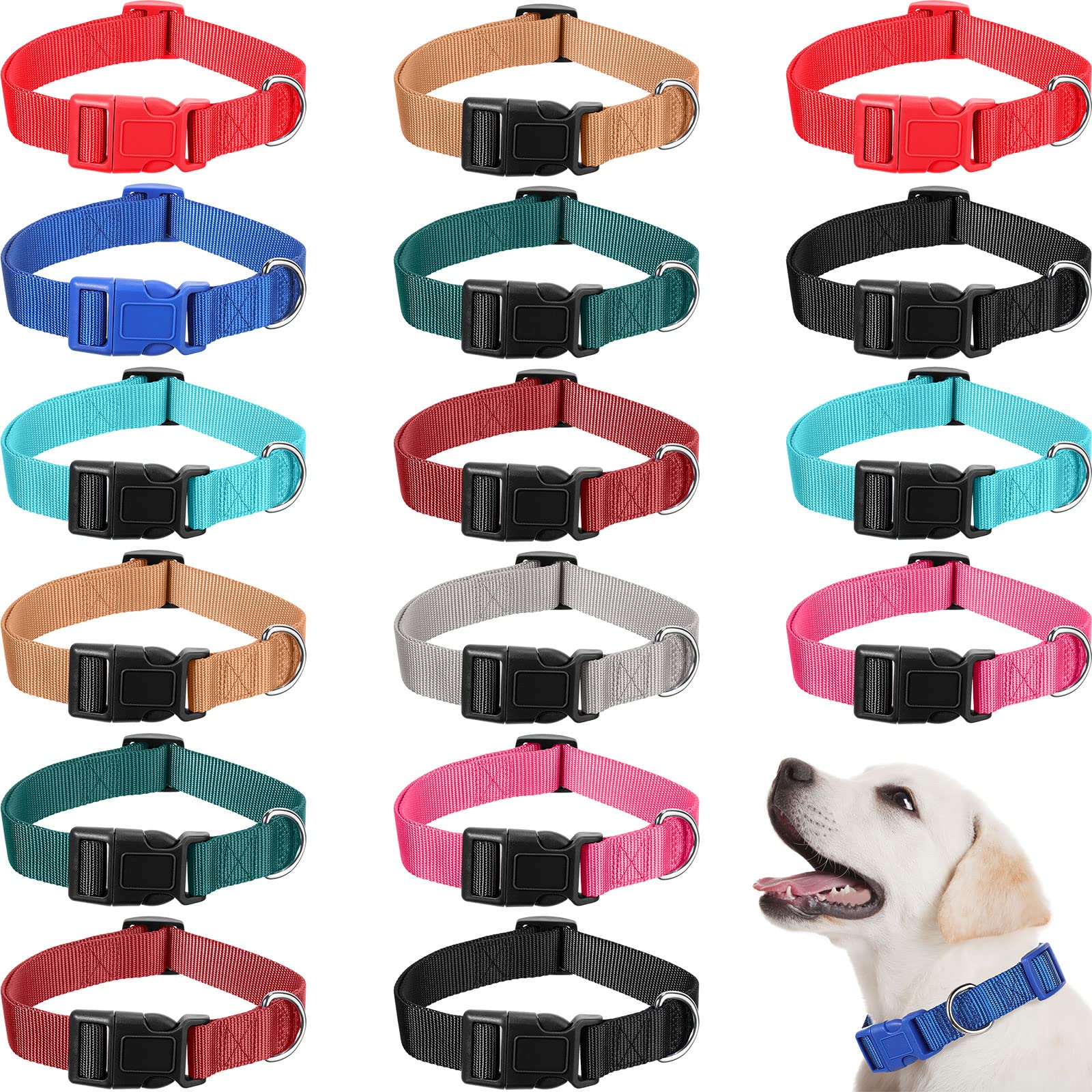 Sanwuta 18 Pcs Adjustable Dog Collar 9 Colors Nylon Soft Neoprene Padded Heavy Duty Medium Pet Collars with Buckle for Medium Dogs(Large,Dark Color)