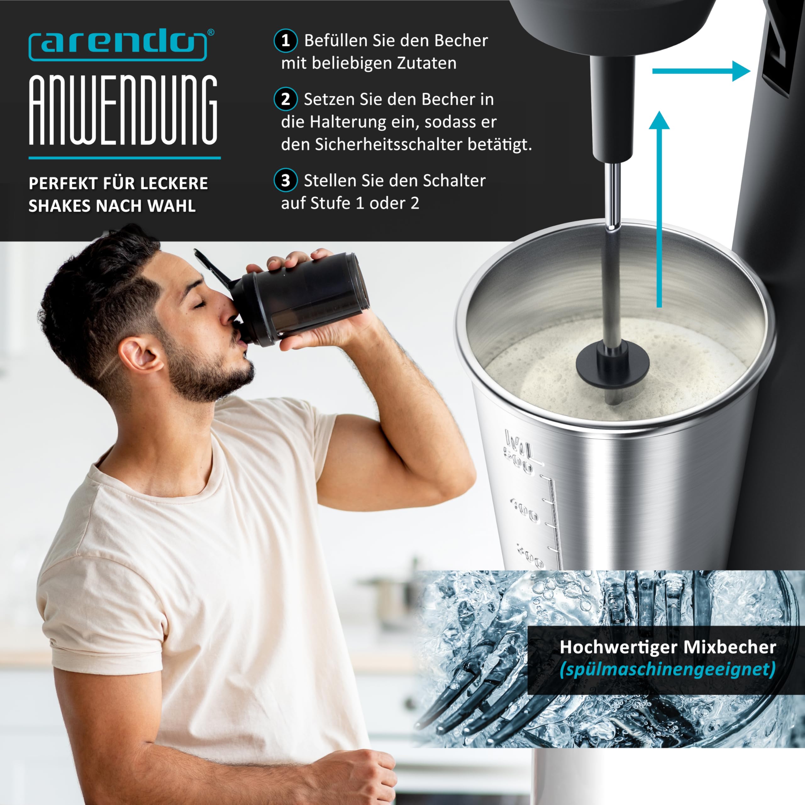Arendo - Drink Mixer - Eiweiß Shaker - Getränkemixer - elektrischer Standmixer - 500 ml Becher - 22.000 U min - 2 Geschwindigkeitsstufen - Fitness Protein Drinks Smoothies Milchshakes Cocktails