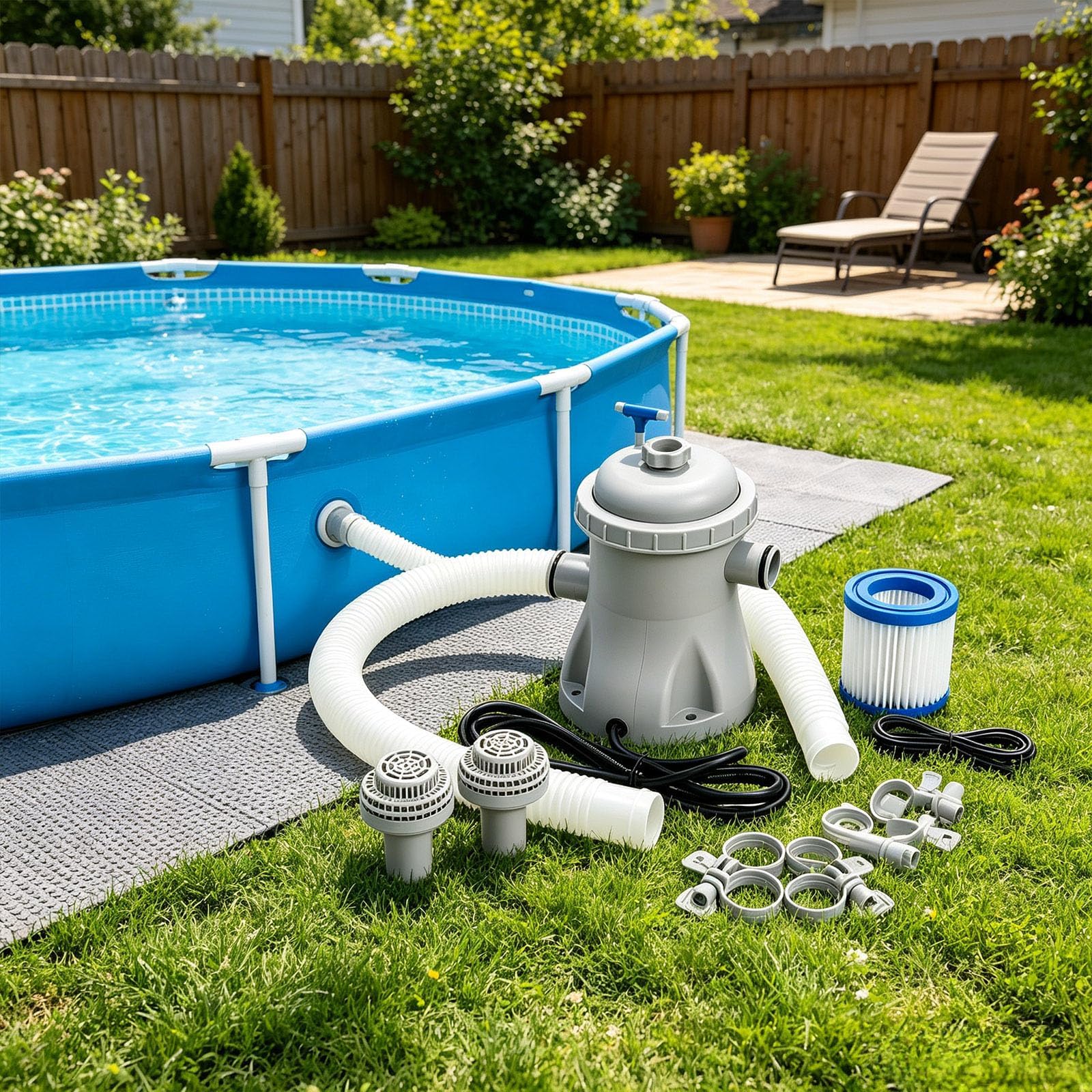 Pompe pour Piscine, Filtre Hors Sol 330 Gph avec Filtre à Cartouche Électrique, Système de Filtration Piscine avec Tuyaux,Filtres de Rechange et Circulation Silencieuse, Kit Complet de Pompe Gonflable