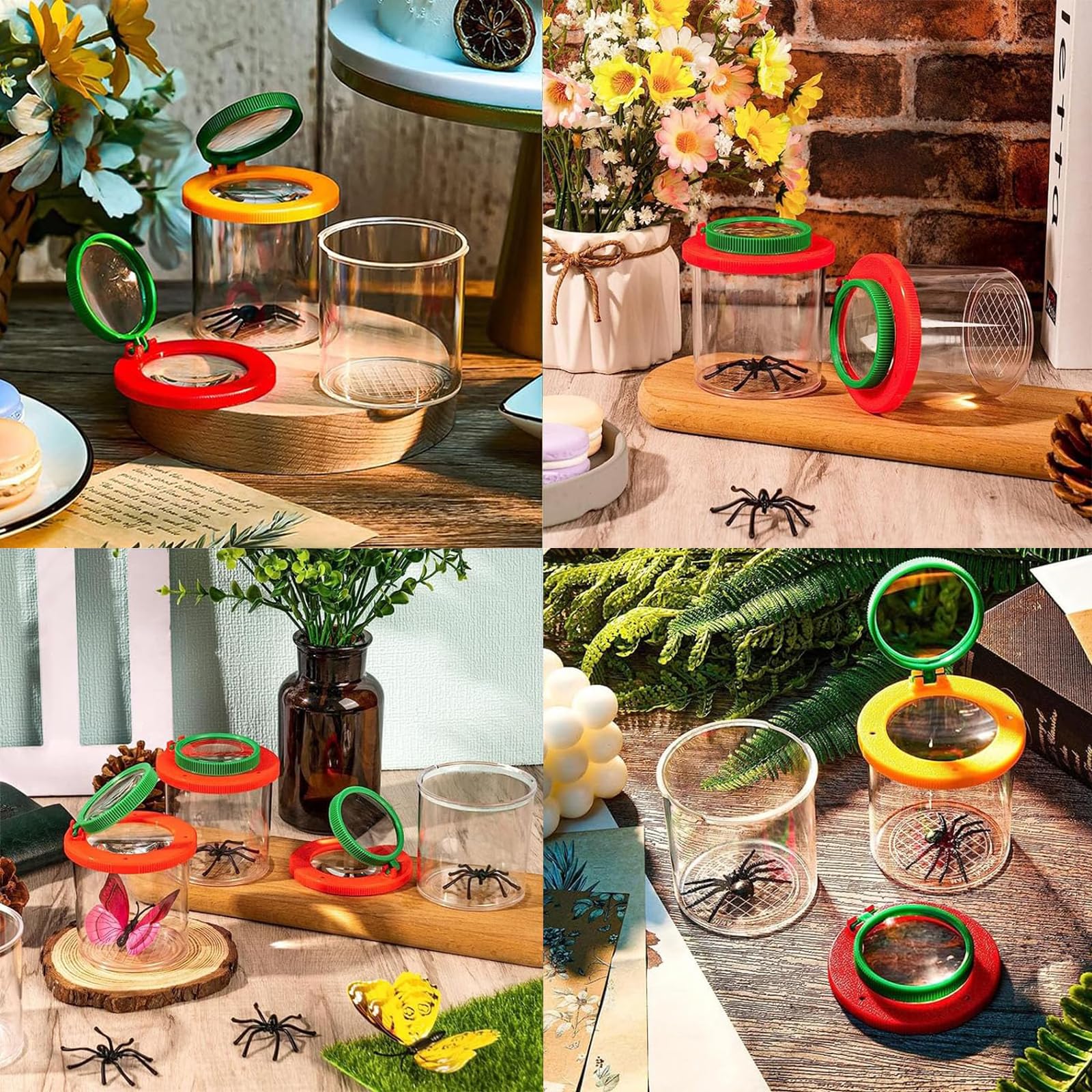 2 bicchieri di lente d'ingrandimento per bambini con pinzette e raccoglitore per insetti, set di lenti d'ingrandimento per bambini, lente d'ingrandimento, per osservare insetti o foglie (rosso,