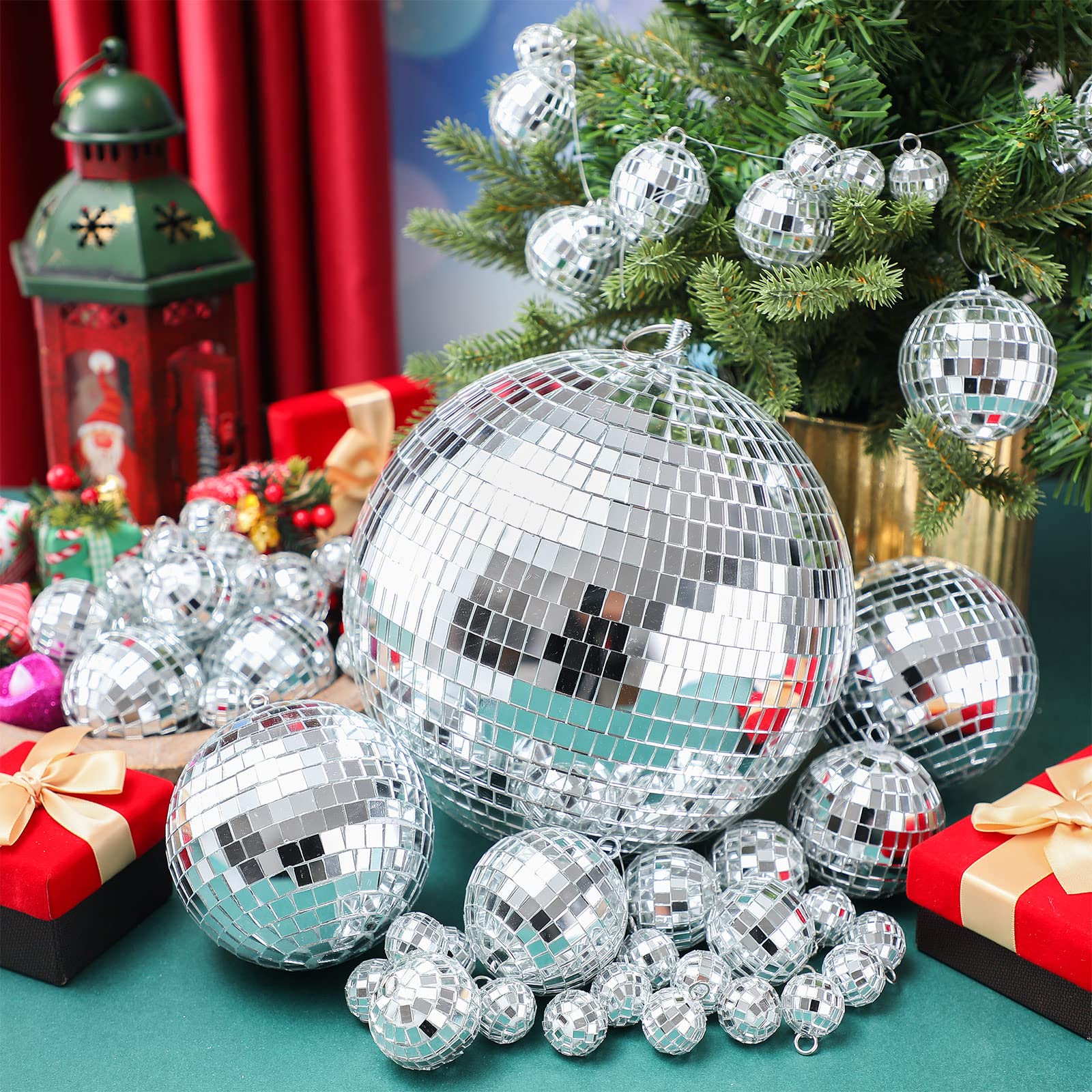 50 Pcs Disco Balls Ornaments Mini Disco Balls Silver Hanging Decorations Reflective Mirror Ball Cake Decoration 70s Disco Party Supplies for Christmas Festive (8'', 4'', 2.4'', 1.6'', 0.8'')