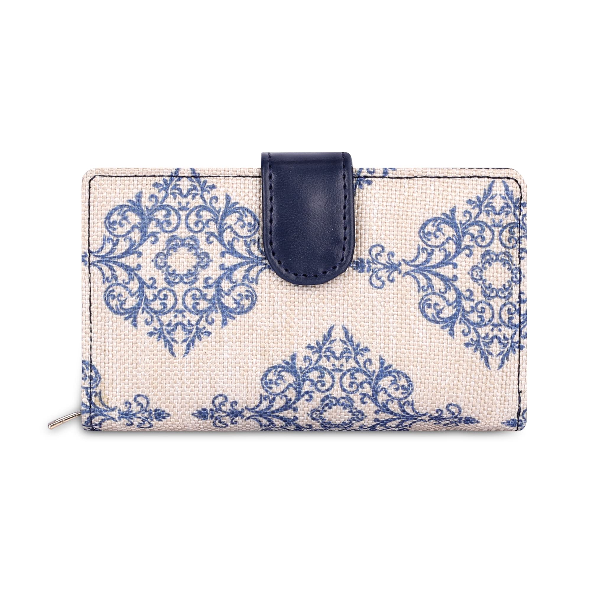Fab Series Printed Handicraft Fabric & Vegan Leather Ladies Wallet Clutch Purse for Women Girls with Multiple Compartments (Off White)-image-15