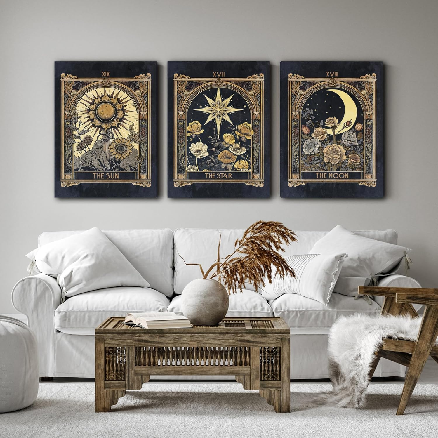FWAHREN Sun Moon Star Tarot Card Canvas Wall Art Set of 3, Vintage Gothic Celestial Pictures Prints, Mystical Astrology Paintings, Witchy Dark Academia Wall Decor, Bedroom Living Room Office, 12x16in