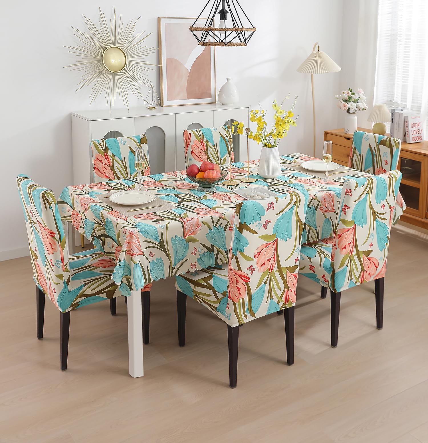 House of Quirk Polyvinyl Chloride (PVC) Dining Chair Cover with Rectangular Table Covers for Kitchen Waterproof Dining Table Cloth (Poppy, 1 Table Cover + 6 Chair Cover), Assorted