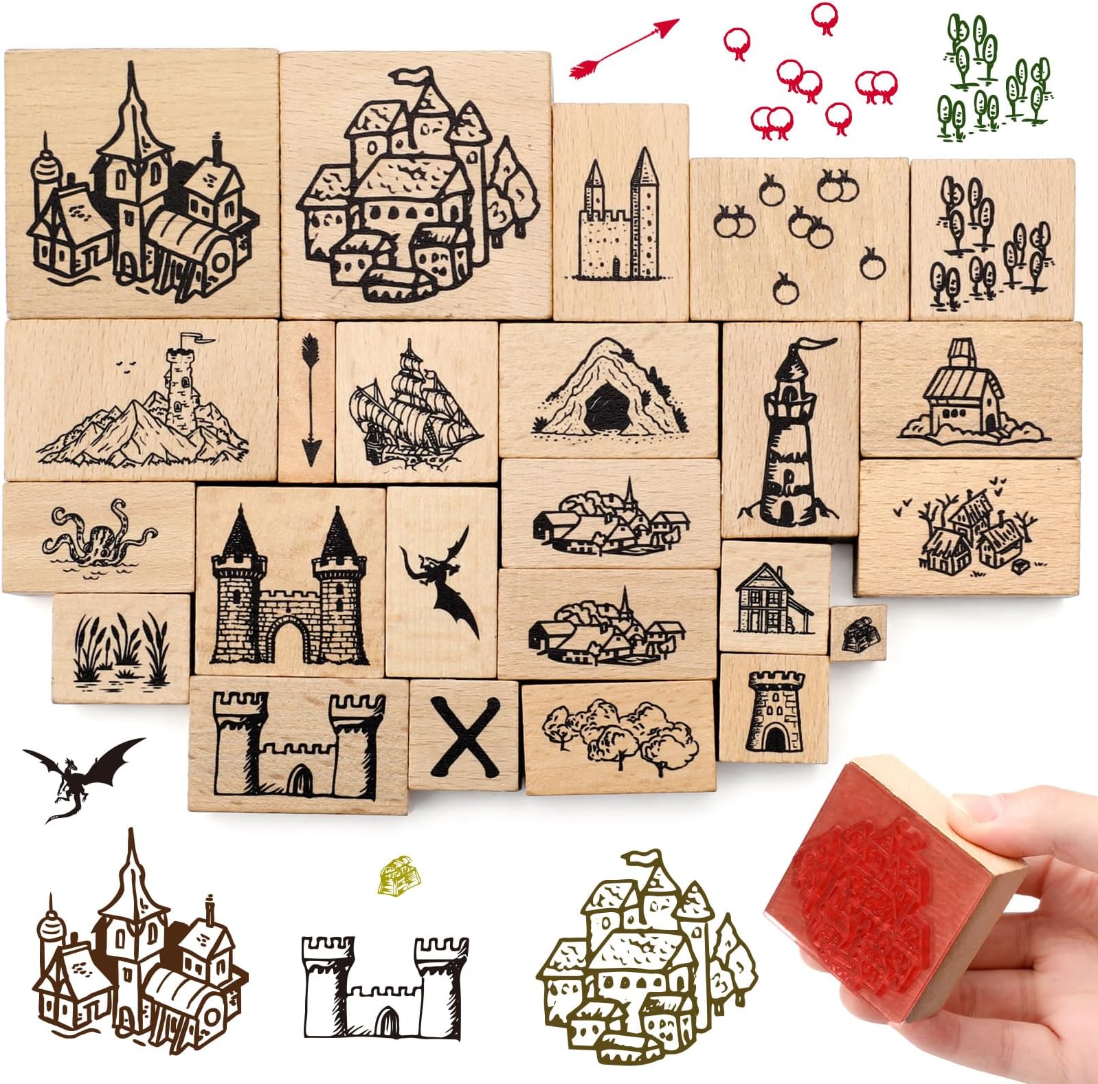 Marspark 24 Pcs Map Stamps Combo Map Making Rubber Stamp Kit Compass Outdoor Scenery Stamps for Adventures, Storytelling, and Creative Projects (Building)