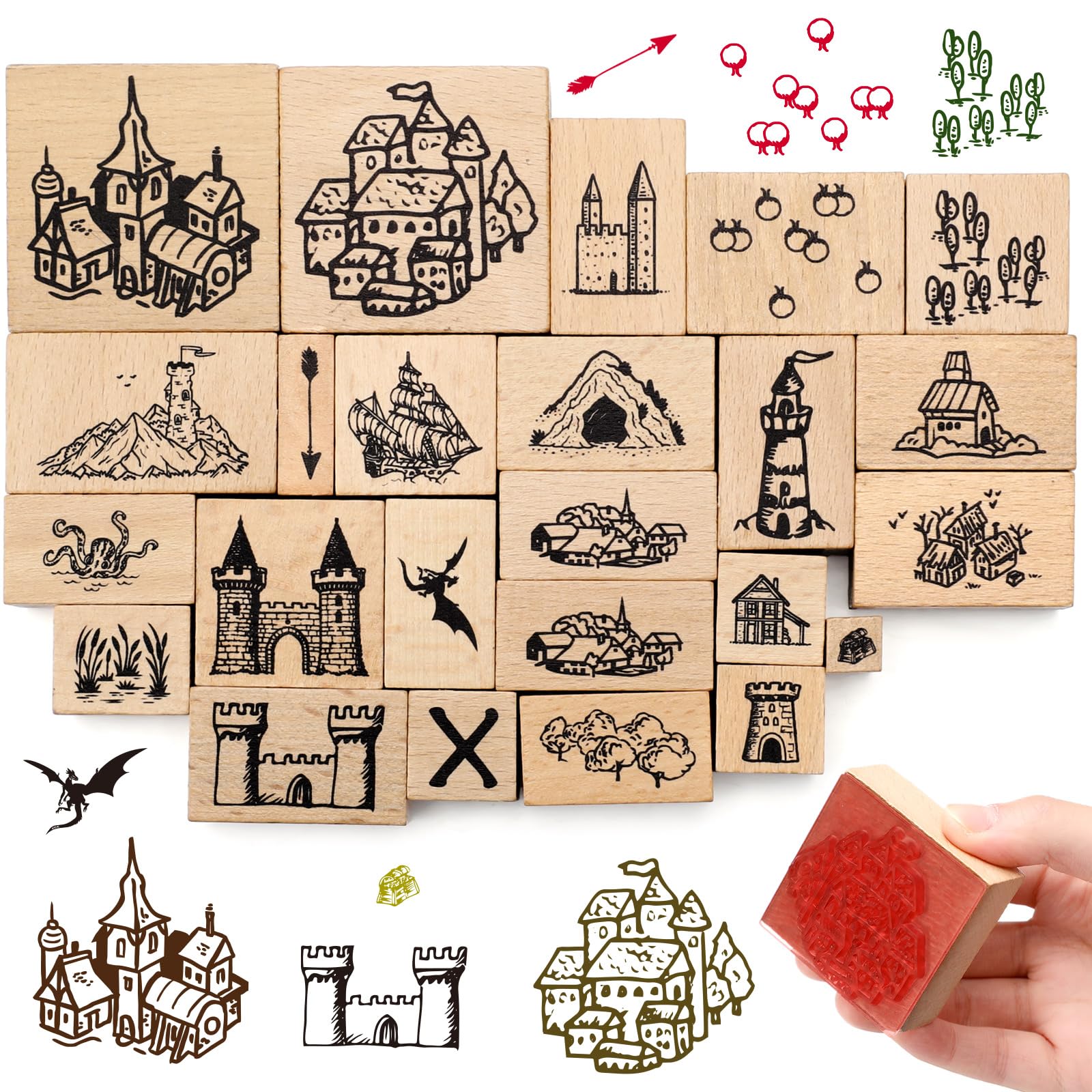 Marspark 24 Pcs Map Stamps Combo Map Making Rubber Stamp Kit Compass Outdoor Scenery Stamps for Adventures, Storytelling, and Creative Projects (Building)