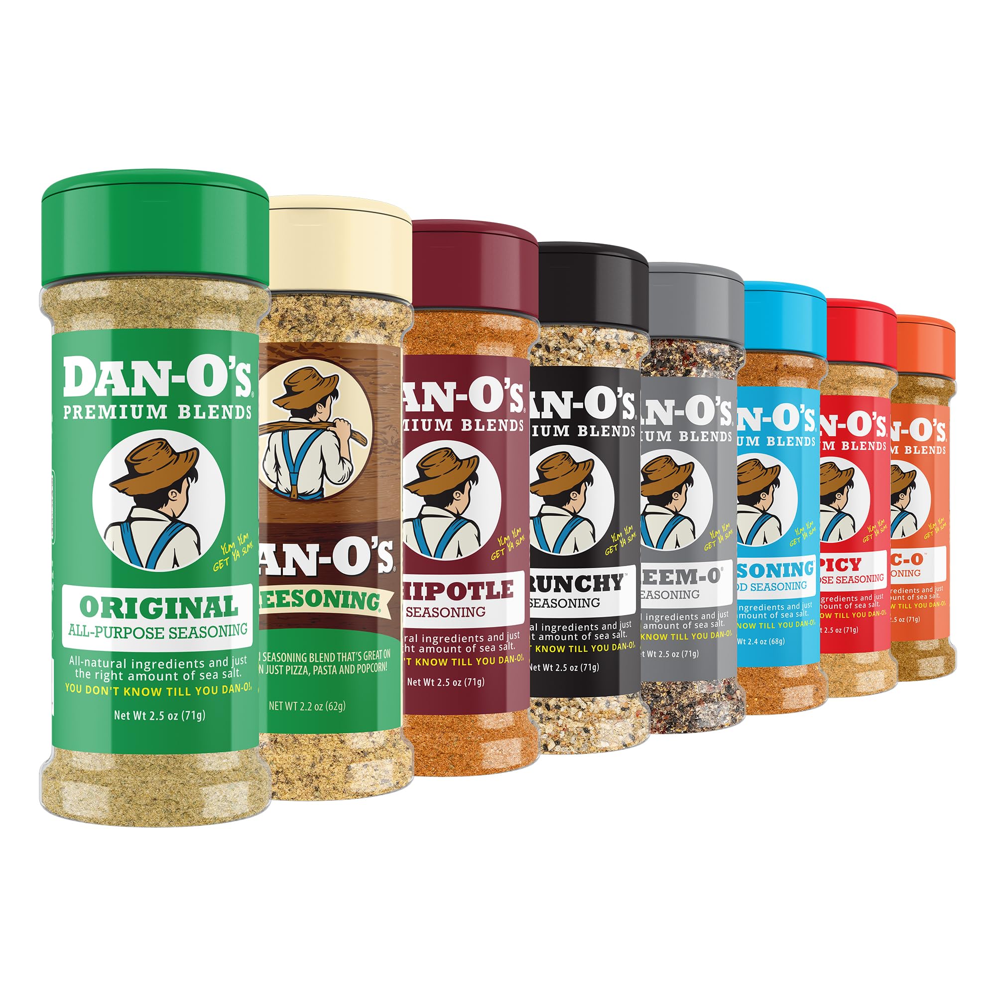 - Dan-O's 8 Bottle Seasoning Set, Extra-Small Bottles, 8 Pack, Includes Original, Spicy, Chipotle, Crunchy, Cheesoning, Preem-O, SEA-soning and Tac-O Seasonings, Sugar Free, Zero Calorie, Seasoning Kit