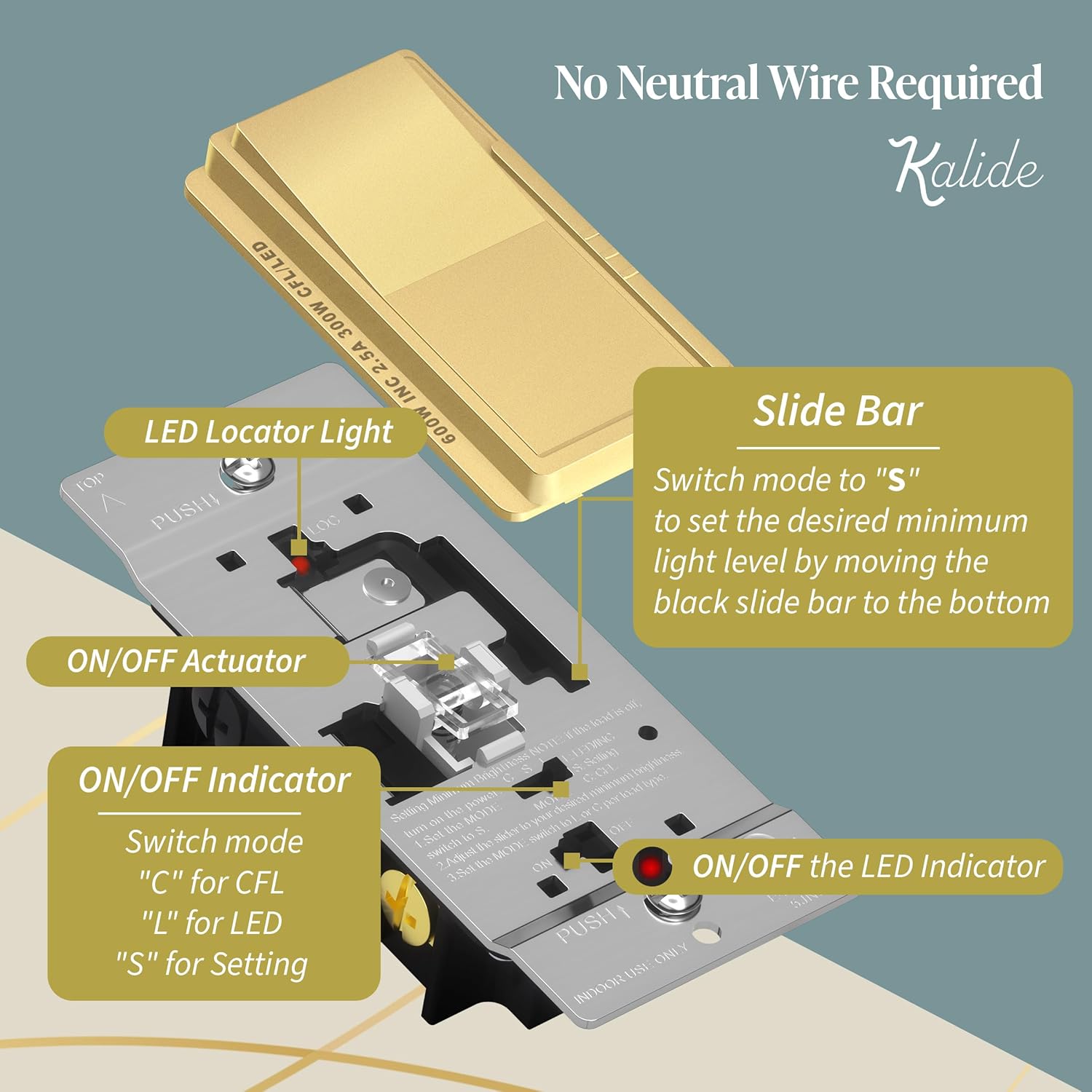 TOPGREENER Kalide Dimmer Light Switch, LED Dimmer Switch, Full Range Dimming, Single Pole/3-Way, 120VAC, 60Hz, 300W LED/CFL, Neutral Wire Not Required, Gold, 1 Pack,Wall Plate Included