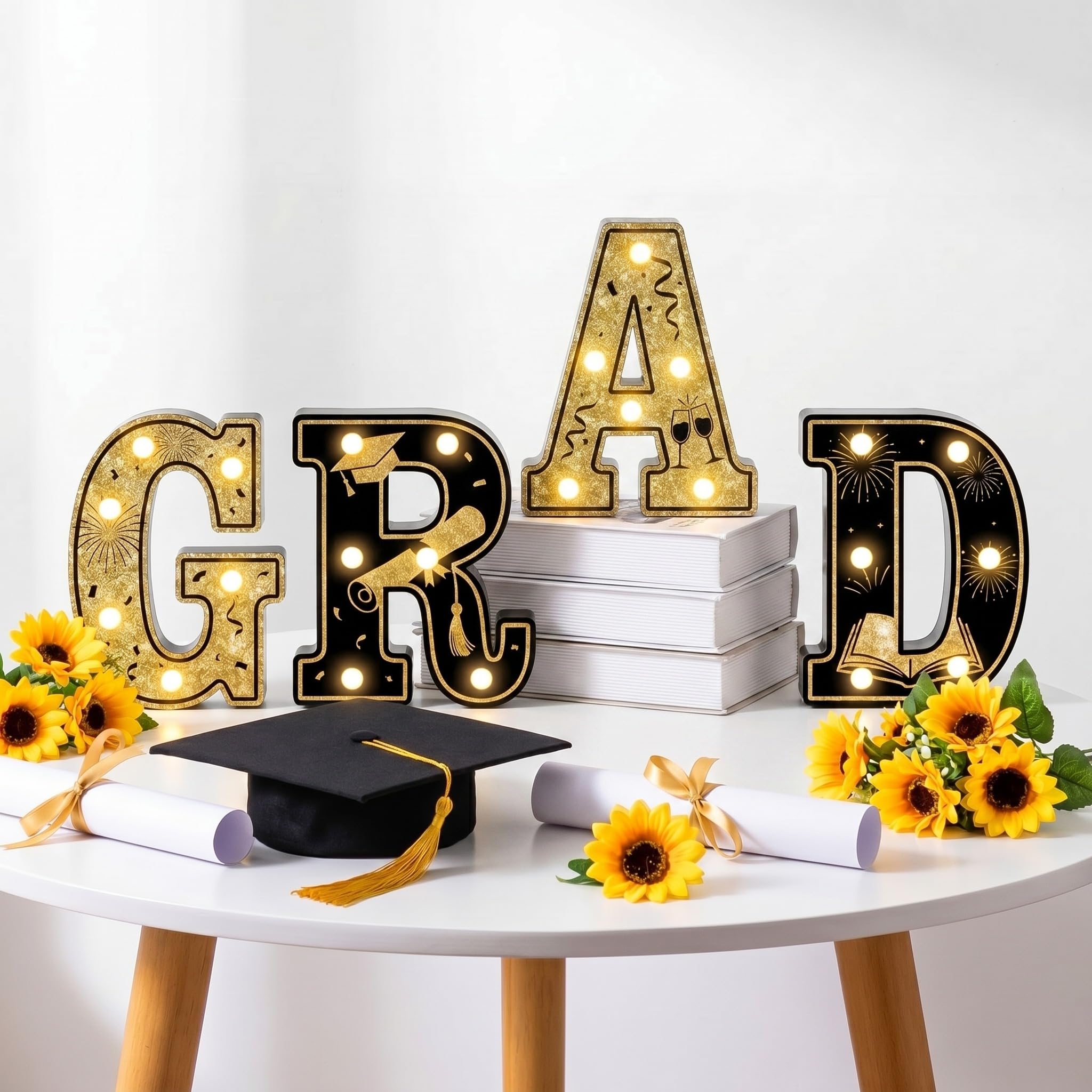 Photo 1 of Wettal 2026 Grad Light up Letters for Table, Graduation Party Decorations LED Marquee Grad Letter Lights Sign 8.7 Inches Black and Gold Graduation Centerpieces Ornaments, Batteries Not Included