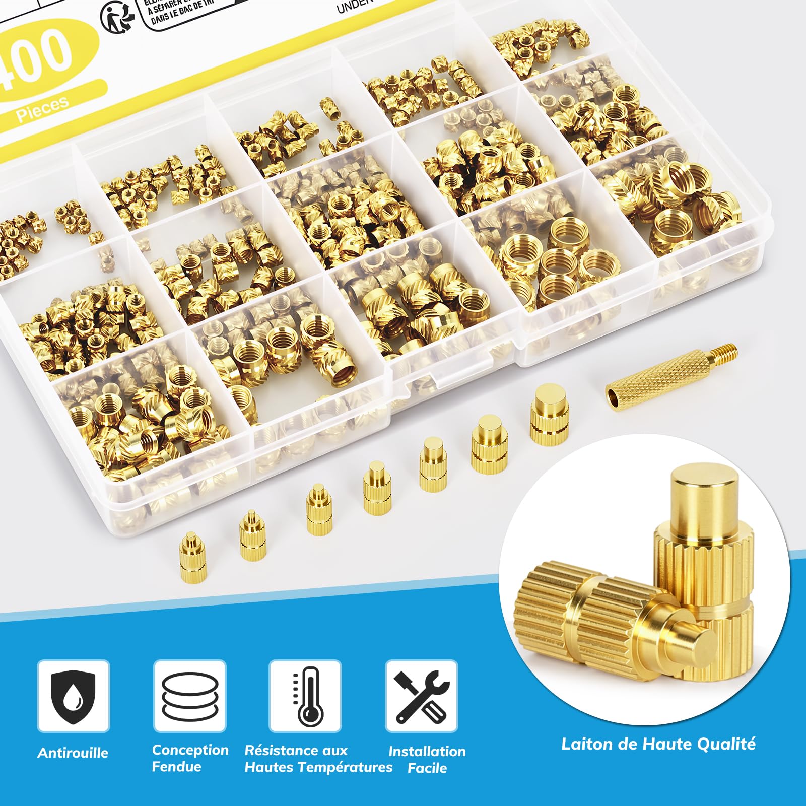 Inserts Filetés 400 pcs et Fer à Souder 80W, Température Réglable 180–500°C, 7 Pannes, M2/M2.5/M3/M4/M5/M6/M8 pour Impression 3D et Plastique