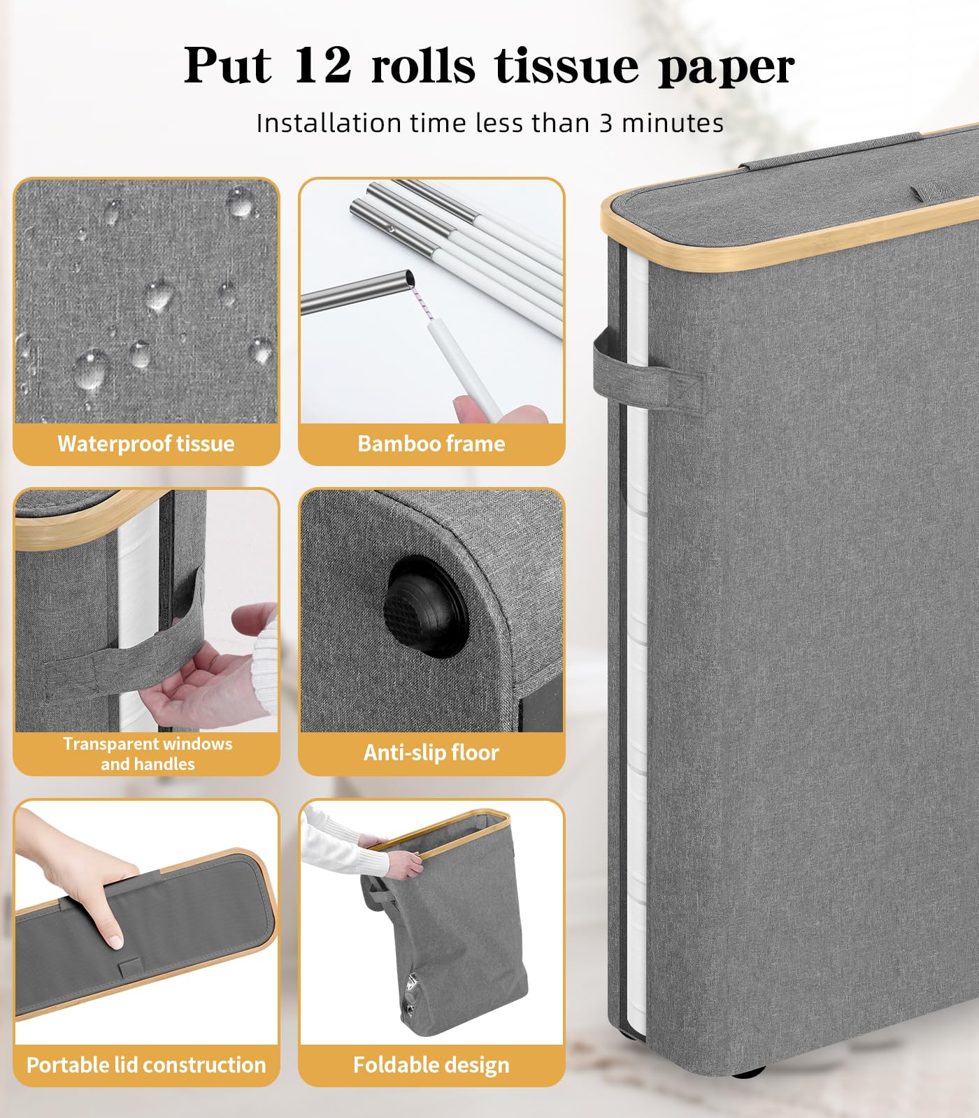 Cesto portaoggetti pieghevole per carta igienica, con coperchio e manico, per 15-20 rotoli, impermeabile, autoportante, per bagno, contenitore per carta igienica per armadio camper (grande, grigio)