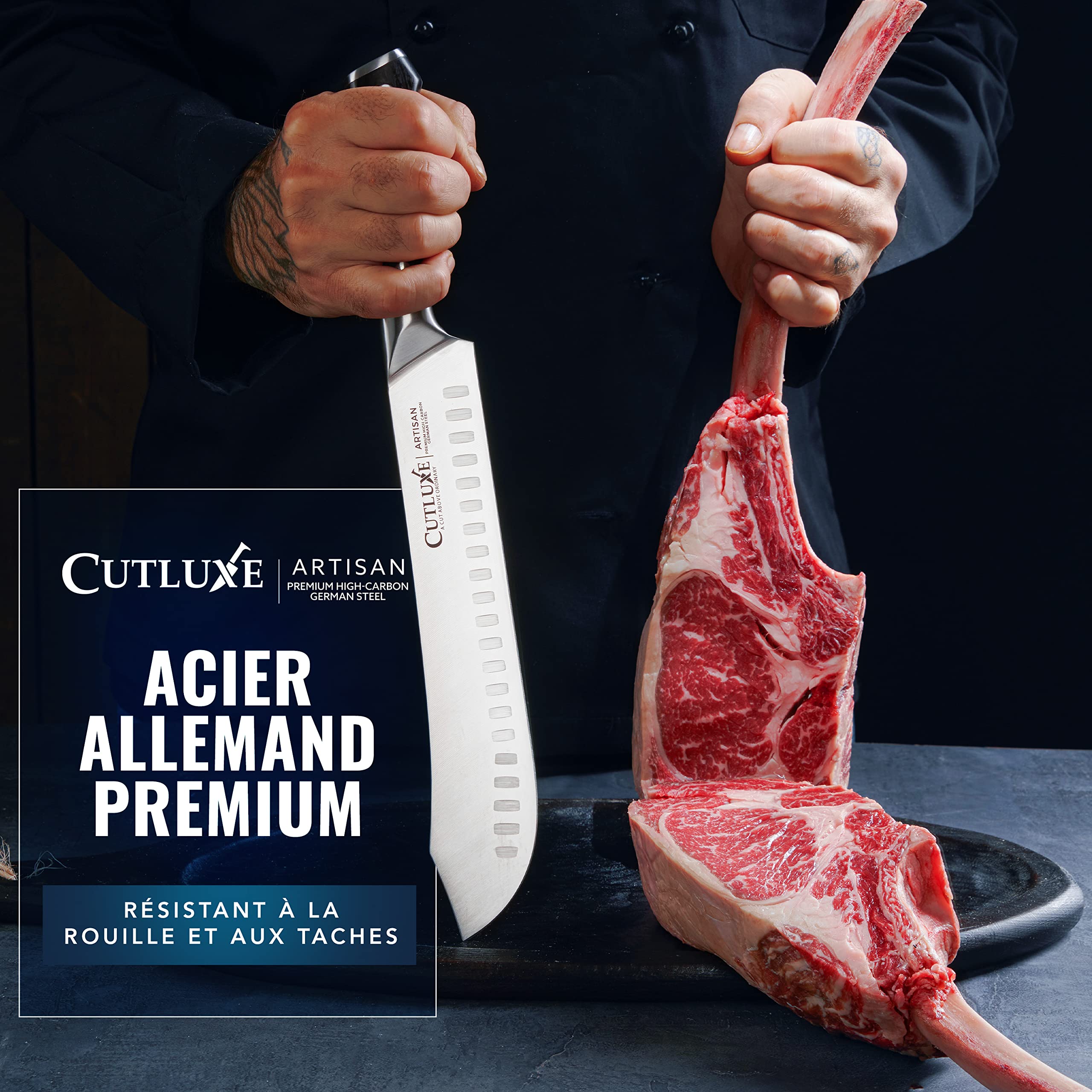 Cutluxe Couteau de Boucher Bullnose - Couteau a Viande 25cm - Acier Allemand à Forte Teneur en Carbone - Couteaux de Chef Professionnel Tang Complet - Série Artisan