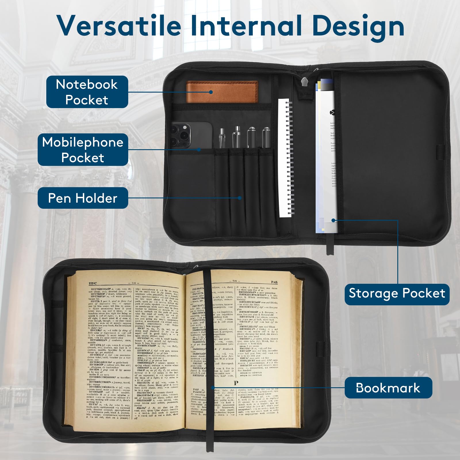 Housse de bible pour hommes et garçons, housse de bible imprimée croix de lion bleu avec poignée et fermeture éclair, sacs bibliques imperméables en cuir synthétique, fournitures d'étude biblique avec